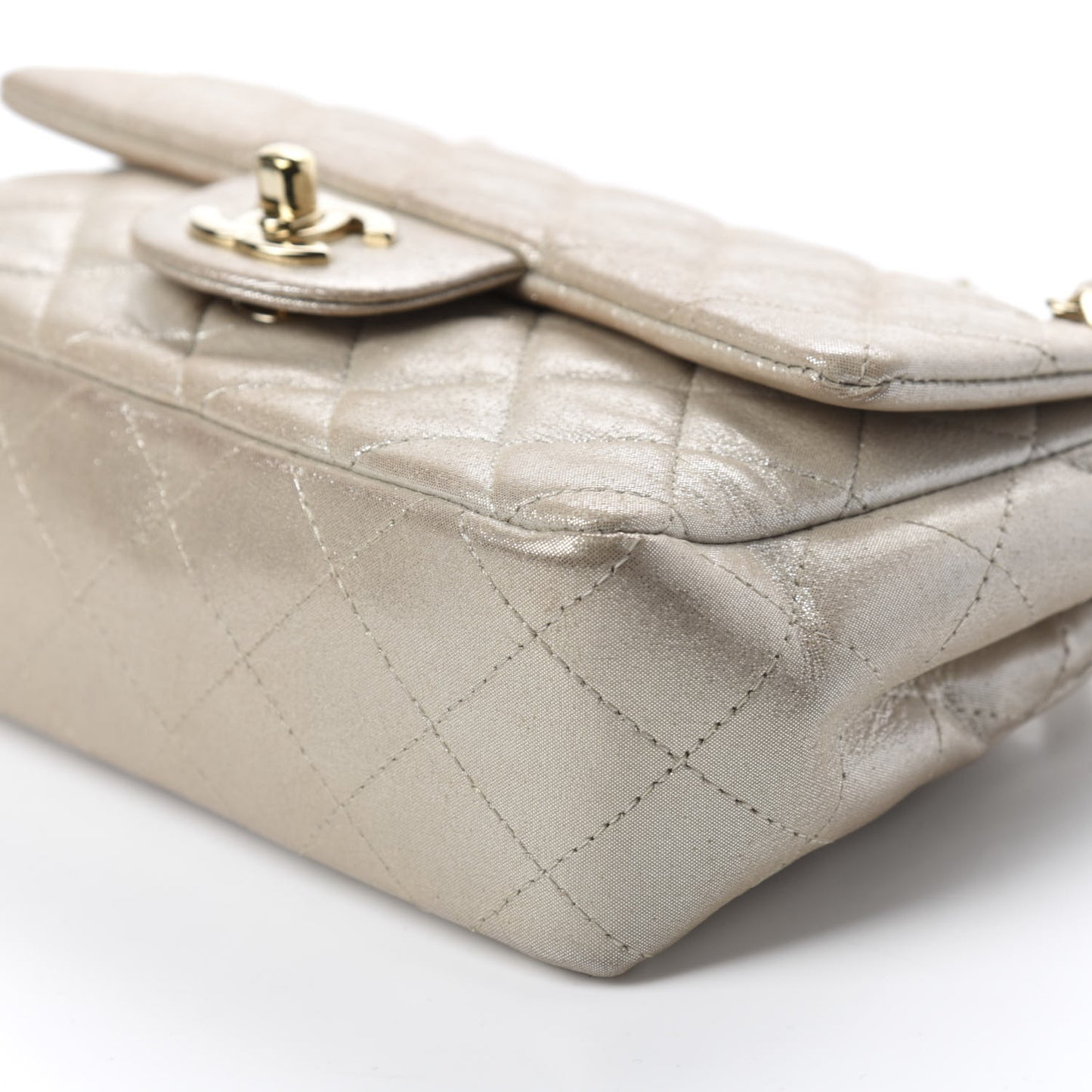 Iridescent Calfskin Quilted Mini Rectangular Flap Light Gold