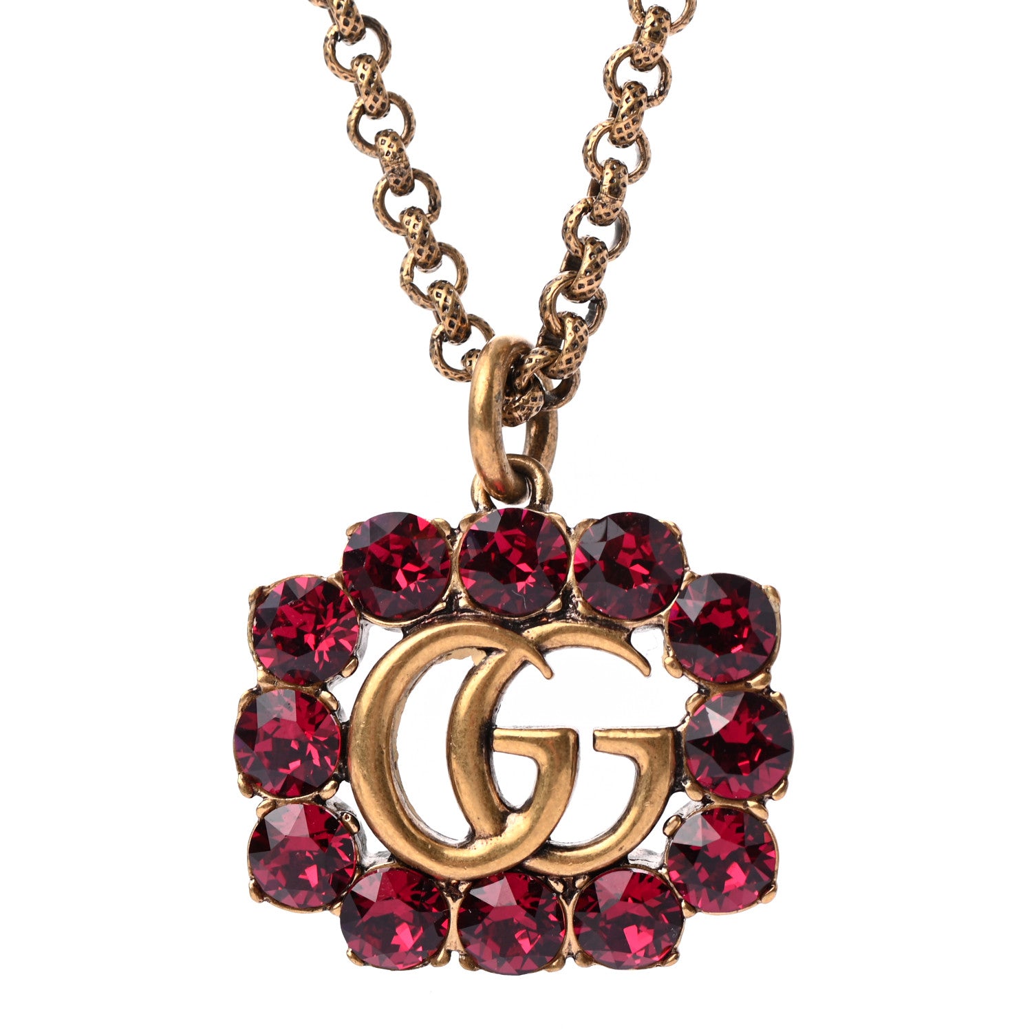 Gucci Crystal Embellished Double G Necklace Aged Gold Red 4 of 5
