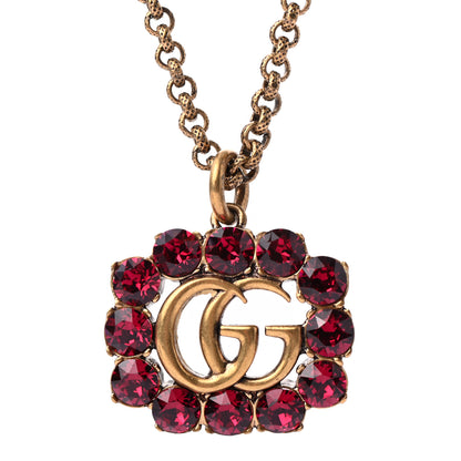 Gucci Crystal Embellished Double G Necklace Aged Gold Red 4 of 5