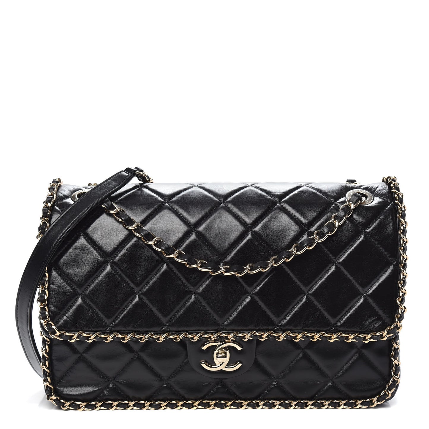 Crumpled Calfskin Quilted Large Chain All Over Flap Bag Black