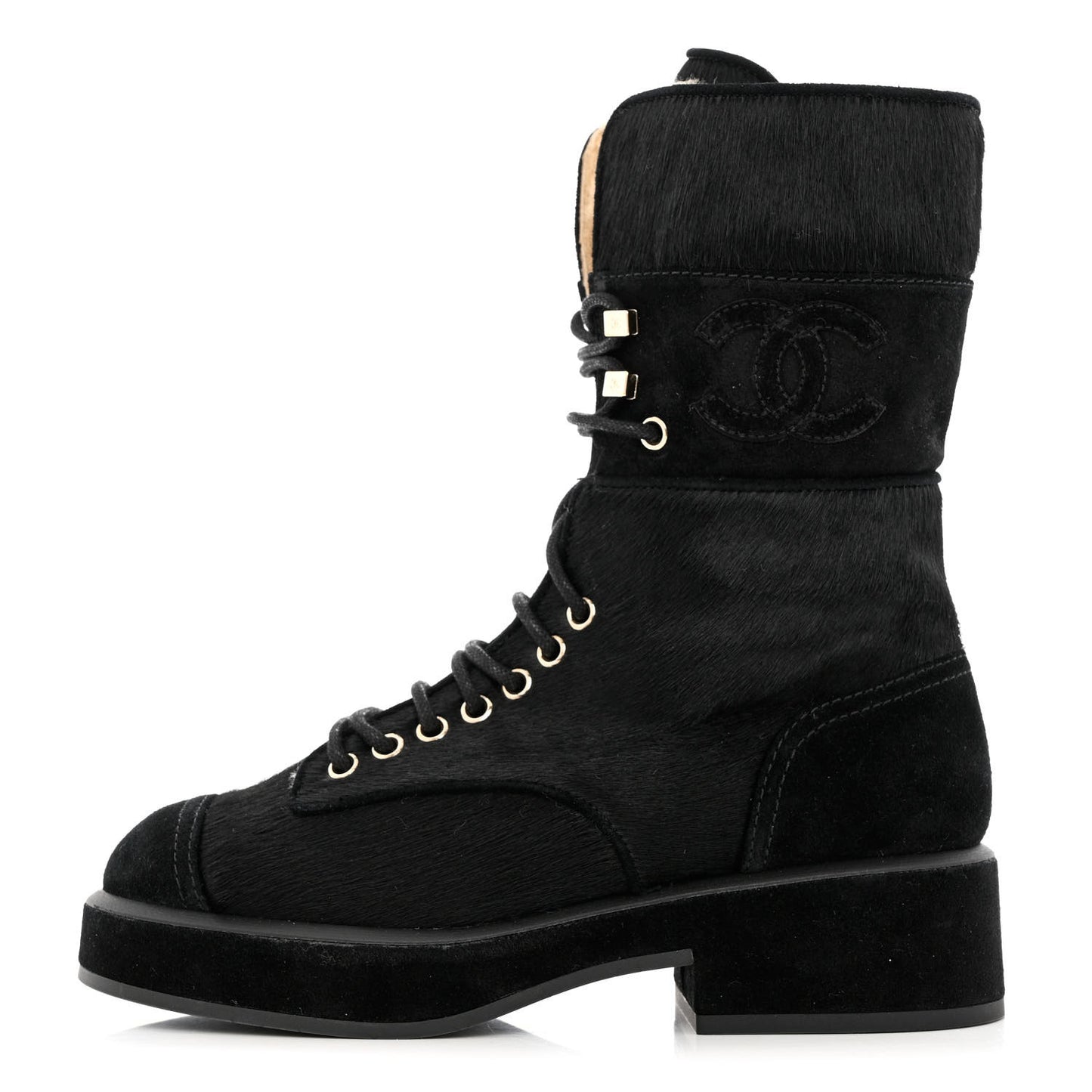 Suede Pony Hair Shearling Lace Up Combat Boots 35 Black White