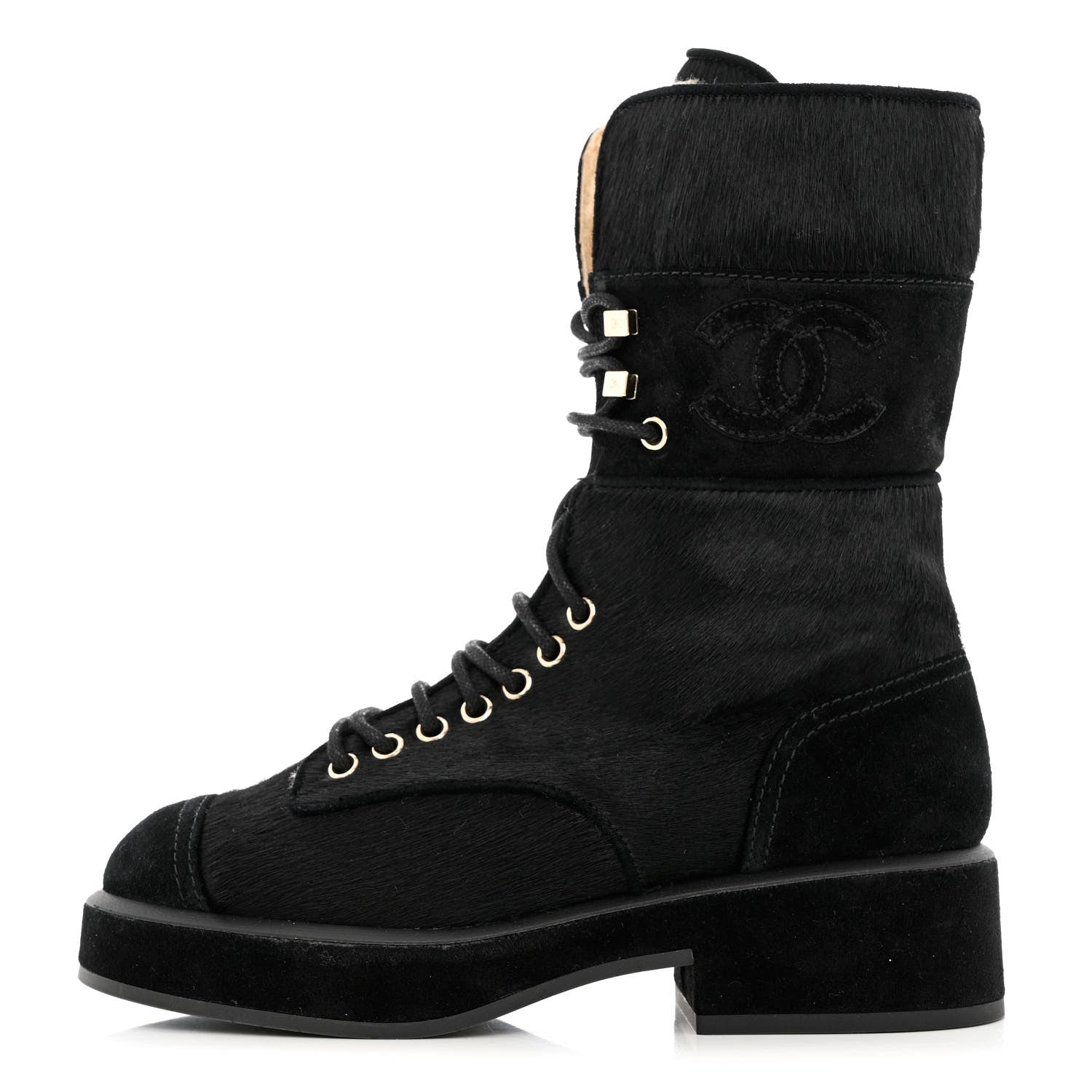 Chanel Suede Pony Hair Shearling Lace Up Combat Boots 35 Black White 1 of 13
