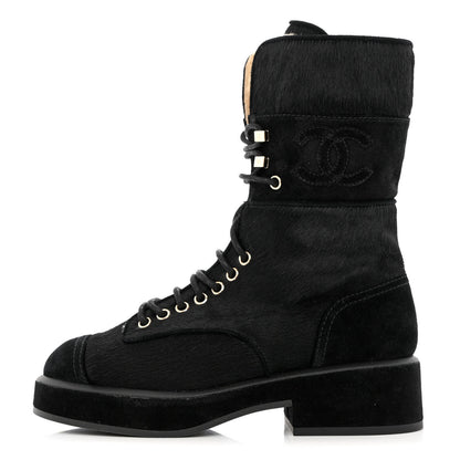 Chanel Suede Pony Hair Shearling Lace Up Combat Boots 35 Black White 1 of 13