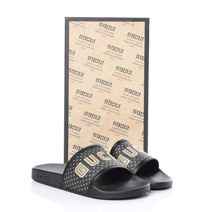 Gucci X SEGA Supreme Canvas GUCCY Stars Mens Slide Sandals 8 Black Gold 10 of 10