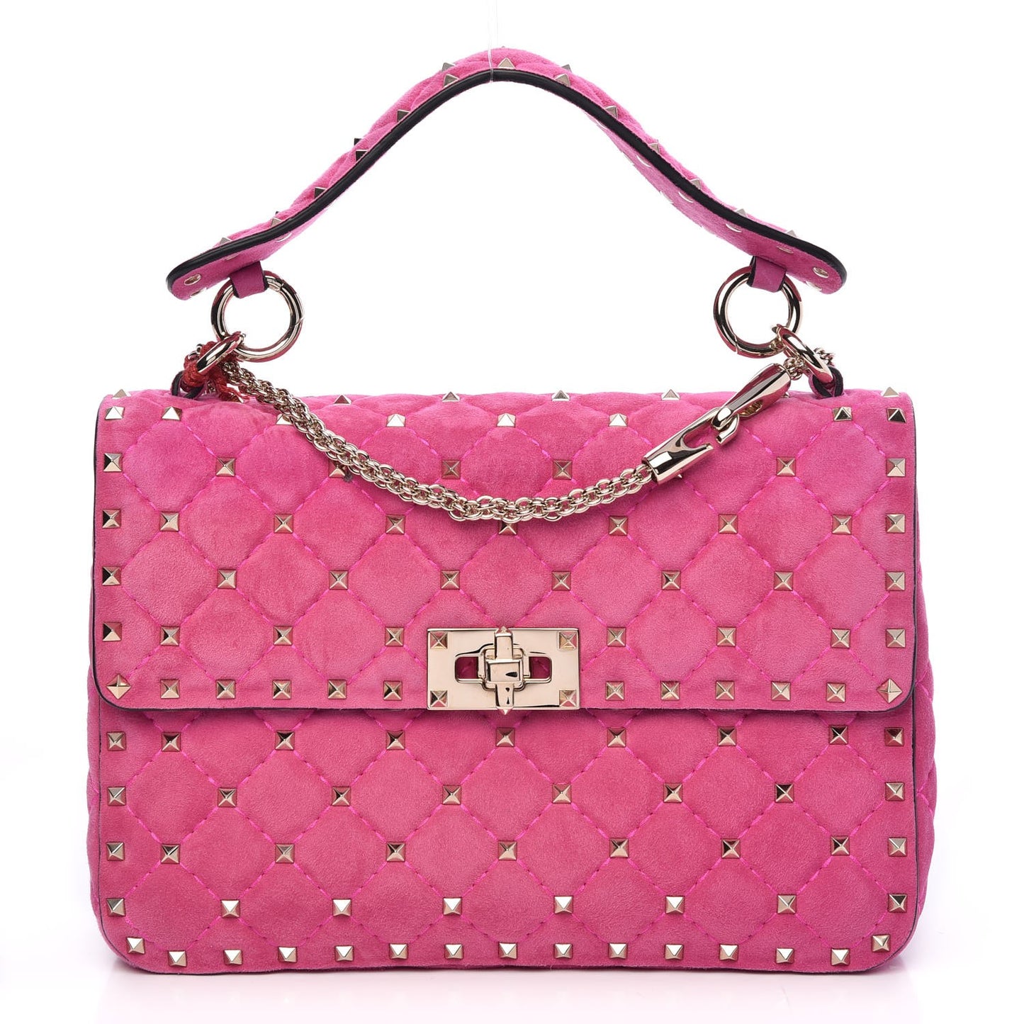 Suede Medium Rockstud Spike Shoulder Bag Bright Fuxia