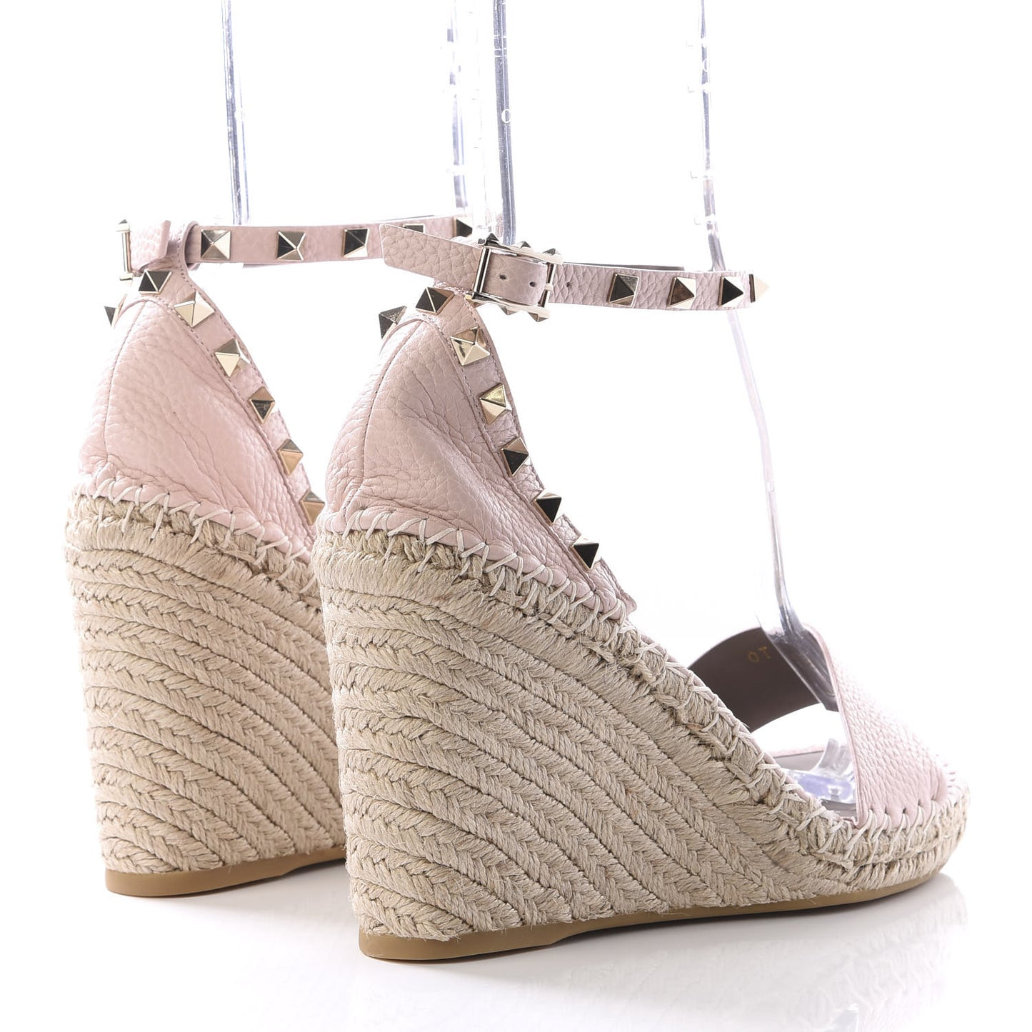 Grained Calfskin Rockstud Ankle Strap Espadrille 15/105mm Wedge Sandals 39 Rose Quartz Natural