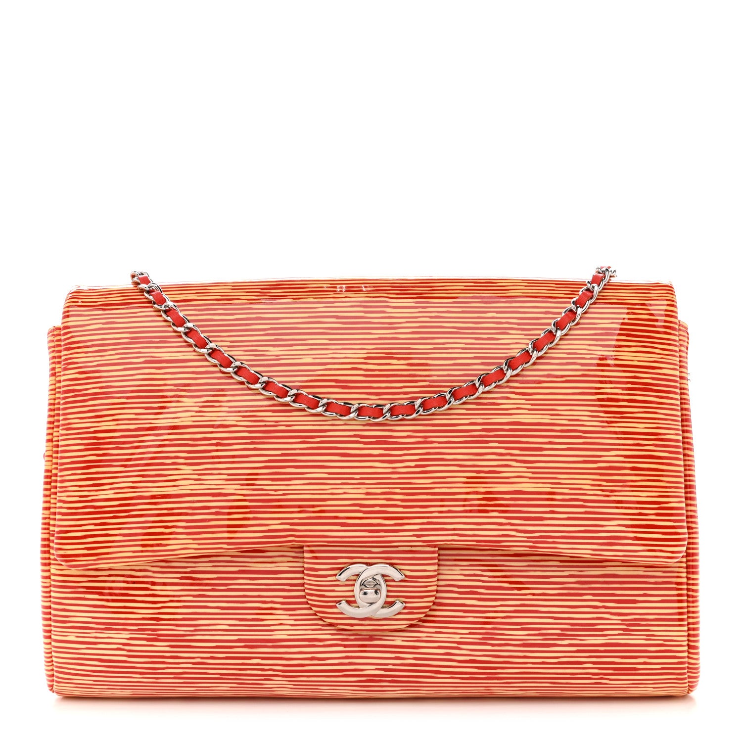 Chanel Patent Calfskin Striped Clutch With Chain Flap Red 1 of 11
