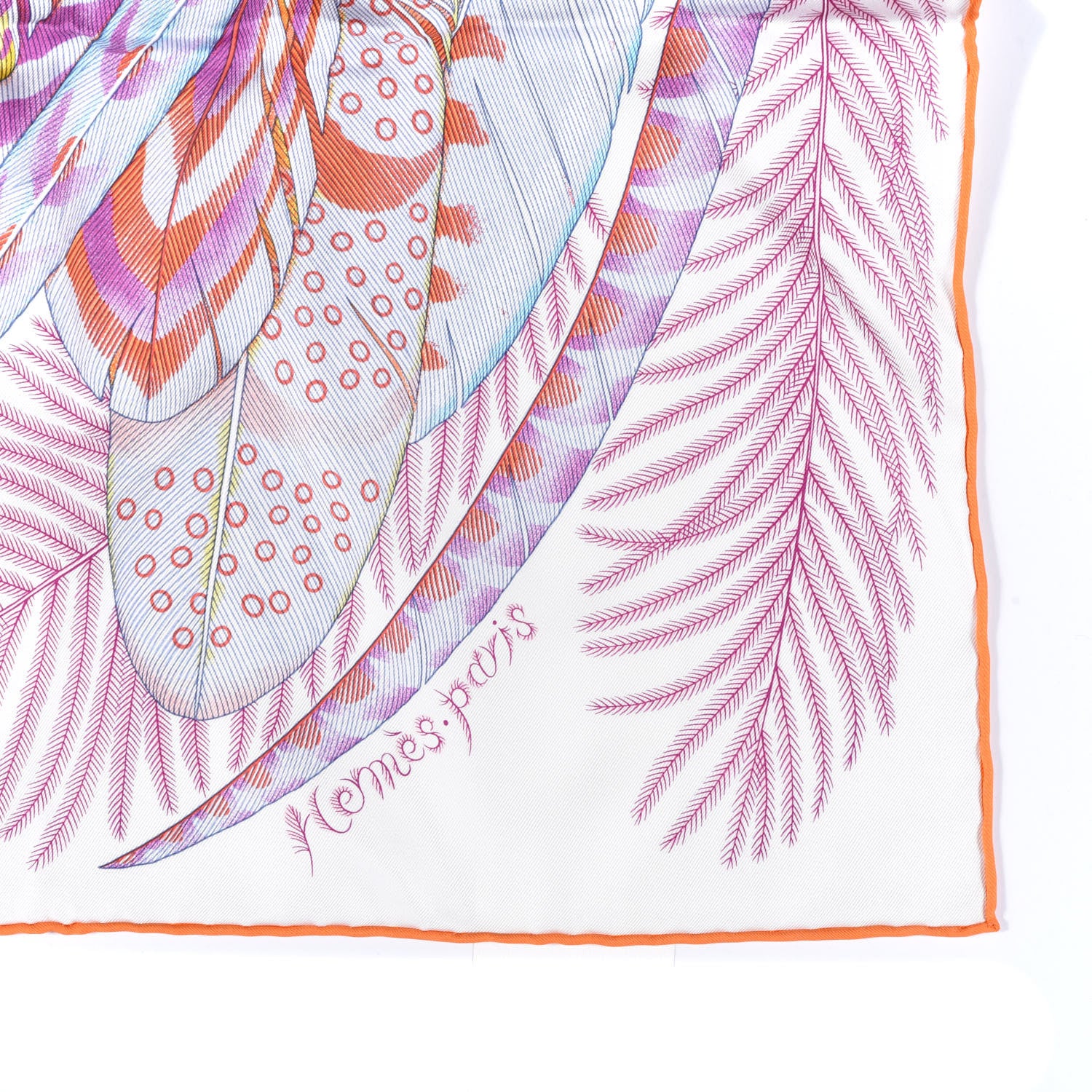 Hermes Silk Plumes En Fete Scarf 90 White Corail Parme 2 of 5