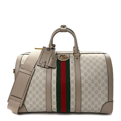 Gucci GG Supreme Monogram Textured Dollar Calfskin Web Medium Savoy Duffle Bag Beige Mystic White Oatmeal 1 of 10