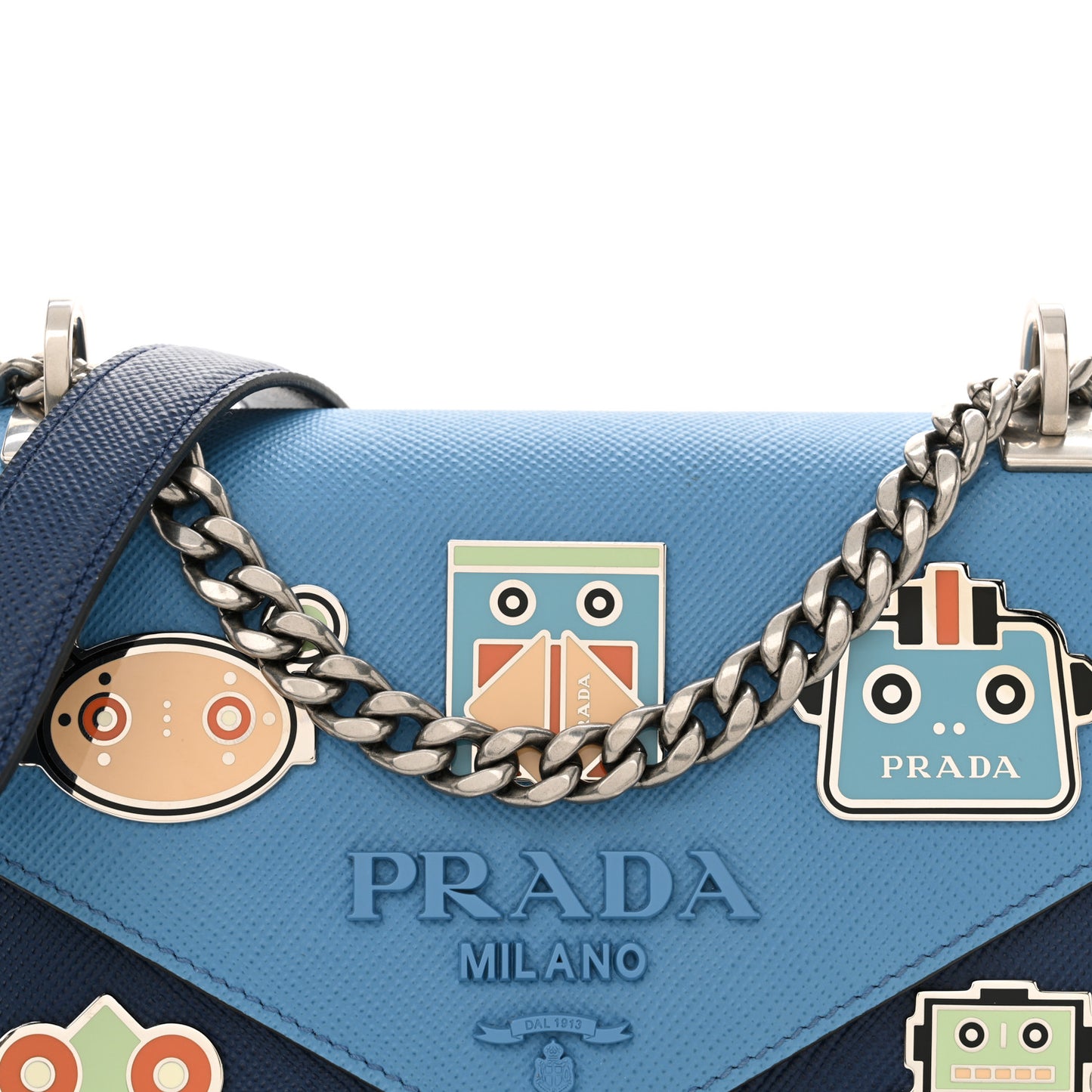 Saffiano Cuir Calfskin Monochrome Robot Patches Envelope Flap Chain Shoulder Bag Blue