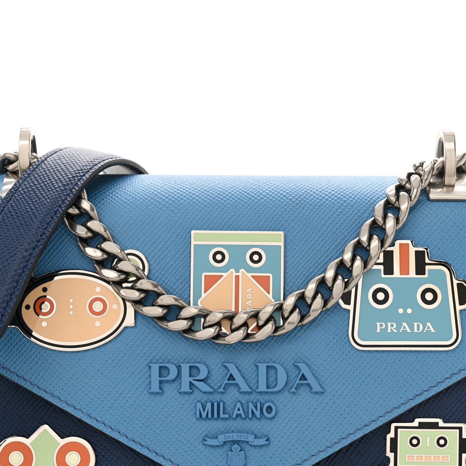 Prada Saffiano Cuir Calfskin Monochrome Robot Patches Envelope Flap Chain Shoulder Bag Blue 6 of 11