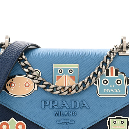 Prada Saffiano Cuir Calfskin Monochrome Robot Patches Envelope Flap Chain Shoulder Bag Blue 6 of 11
