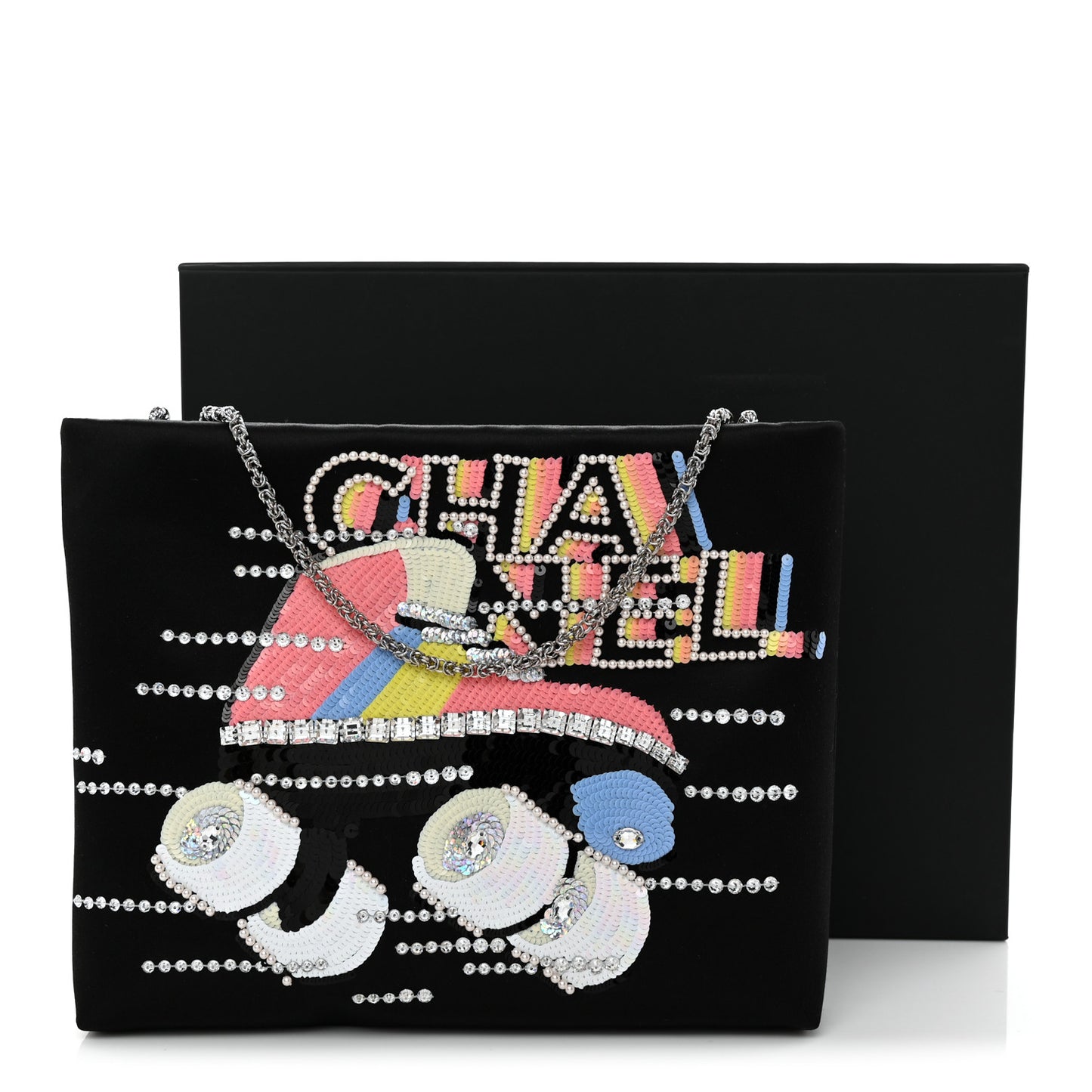 Satin Sequin Pearl Crystal Roller Skate Quilted Clutch With Chain Black Multicolor