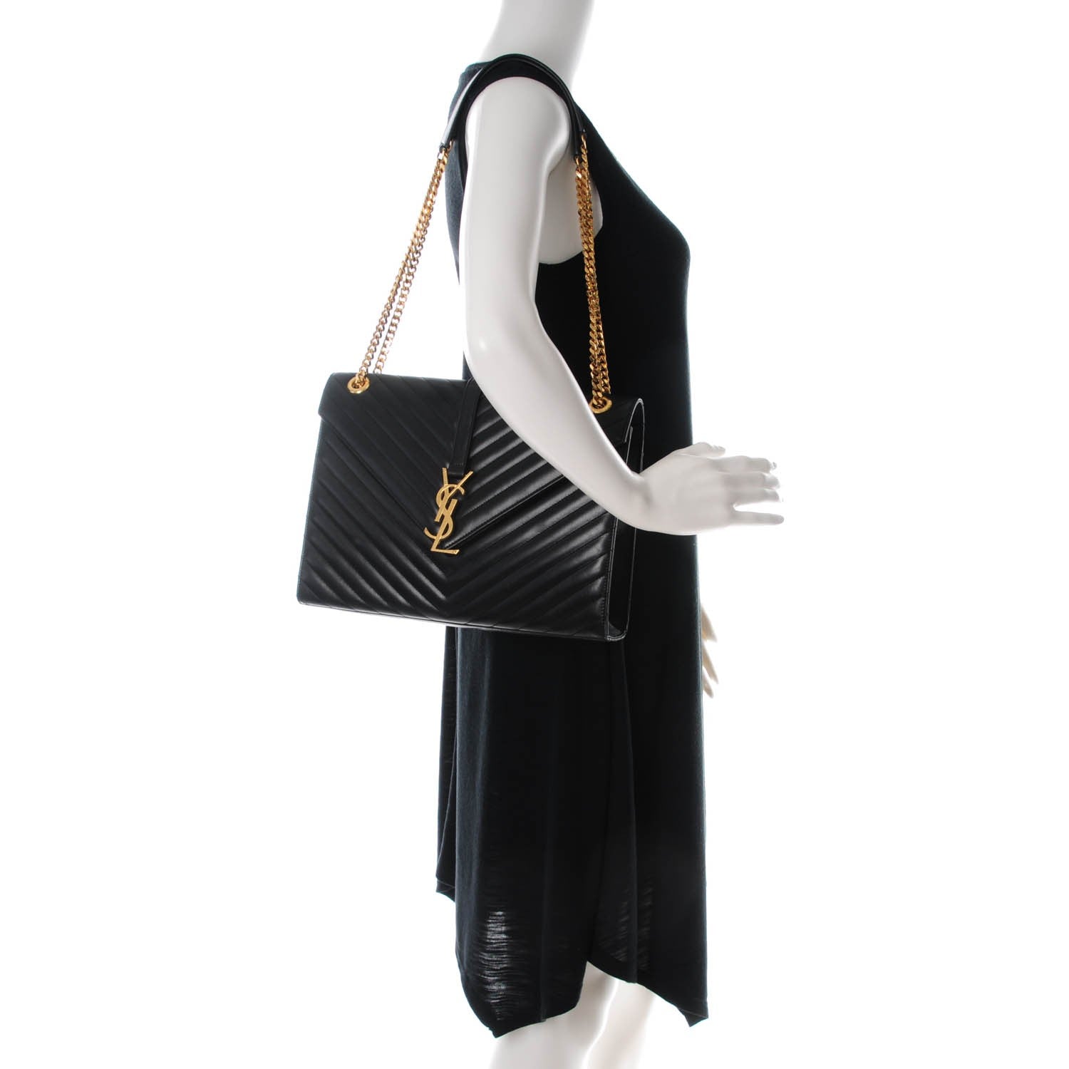 Saint Laurent Smooth Calfskin Matelasse Chevron Large Monogram Satchel Black 2 of 7