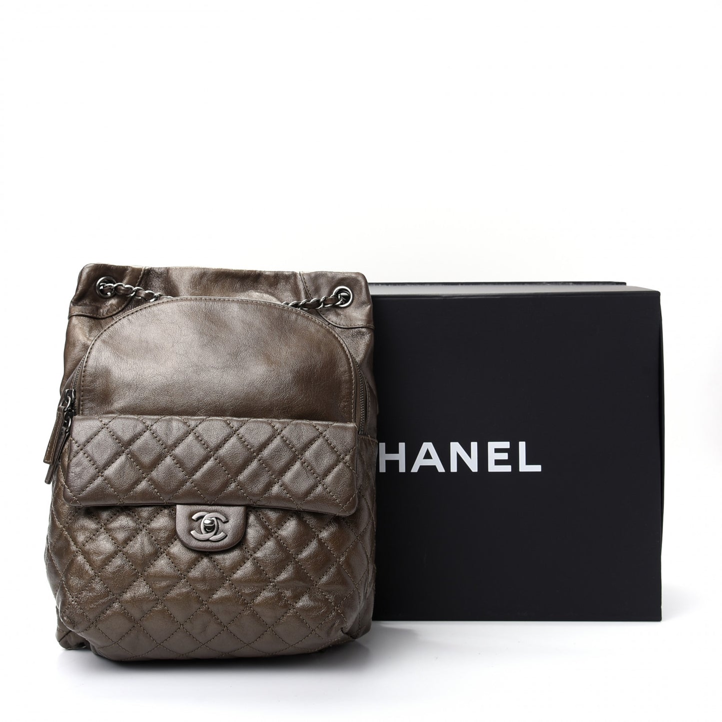 Metallic Lambskin Quilted Drawstring Backpack Brown