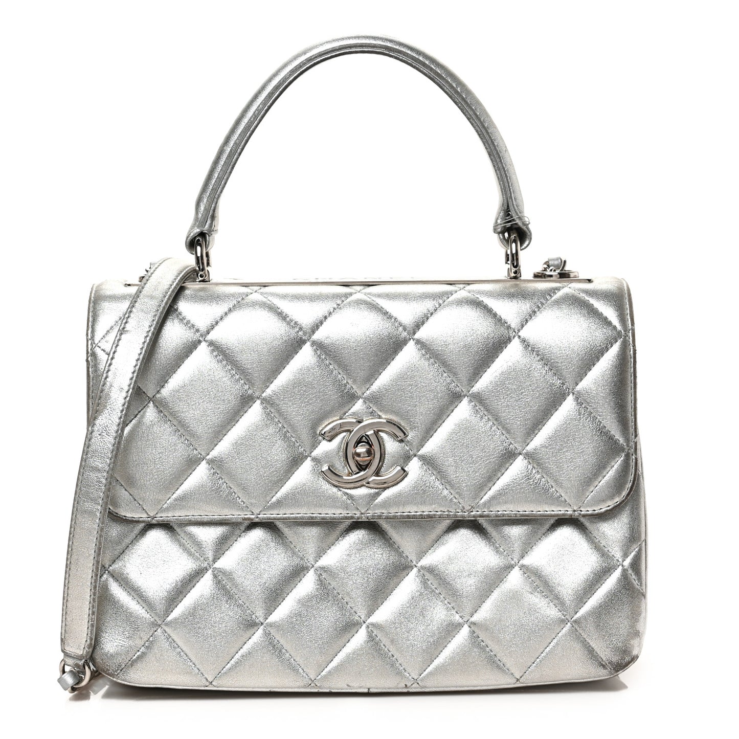 Metallic Lambskin Quilted Small Trendy CC Flap Dual Handle Bag Silver