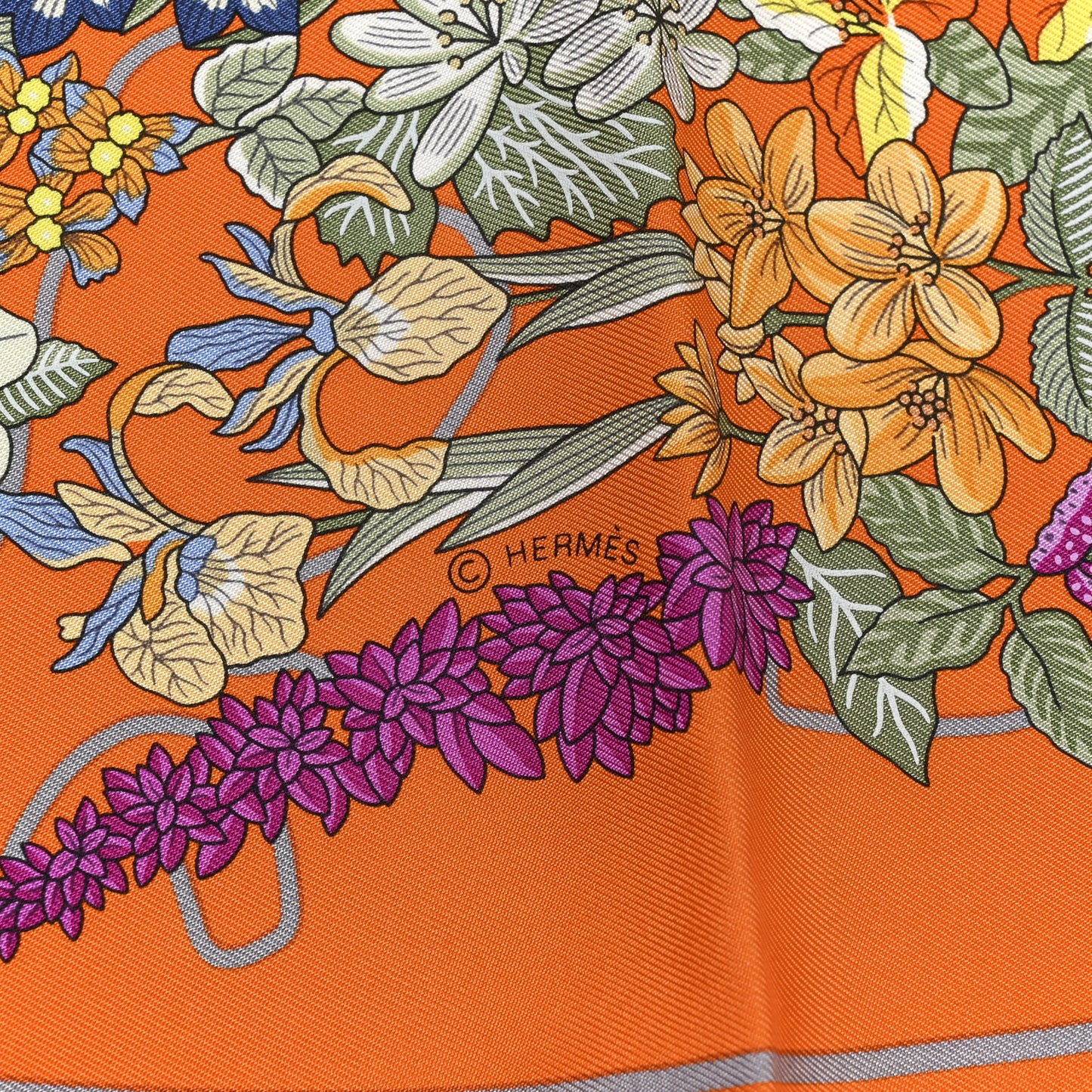Silk Planifleurs Scarf 90 Orange Vert Fuchsia