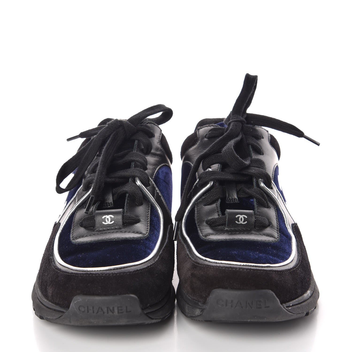 Chanel Suede Velvet Lambskin CC Sneakers 37 Black Blue Silver 2 of 8
