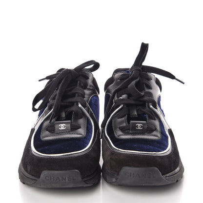 Chanel Suede Velvet Lambskin CC Sneakers 37 Black Blue Silver 2 of 8