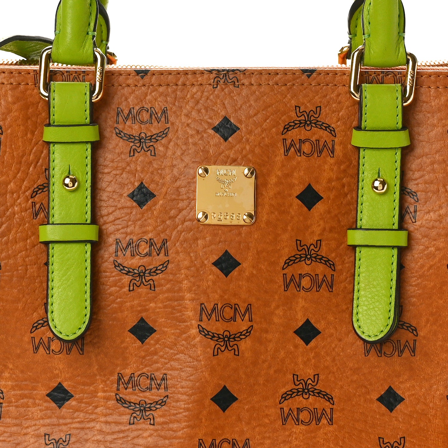 MCM Visetos Double Zip Tote Cognac Green 7 of 9