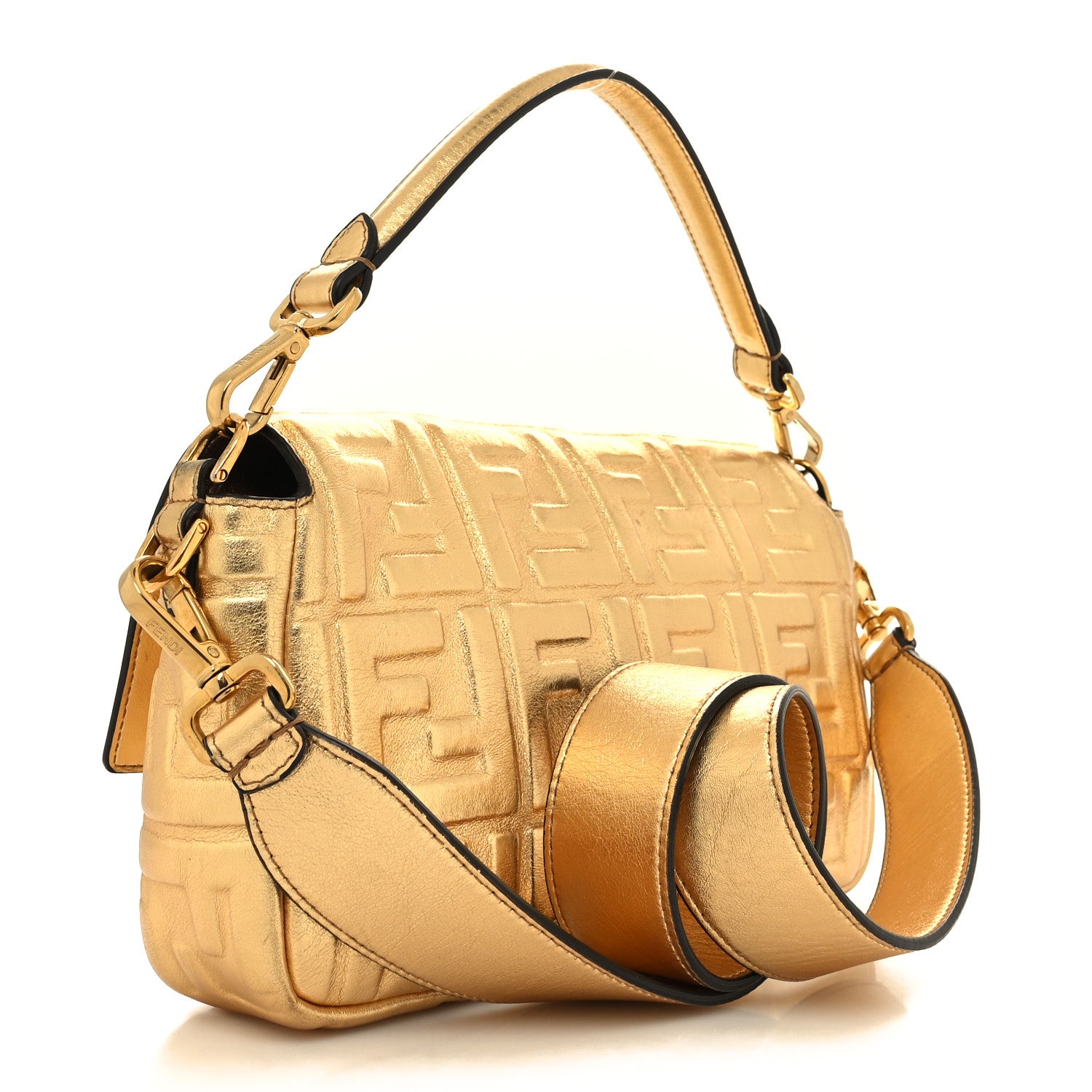 Fendi Vitello Catalan Mirror FF 1974 Embossed Baguette Gold 3 of 11