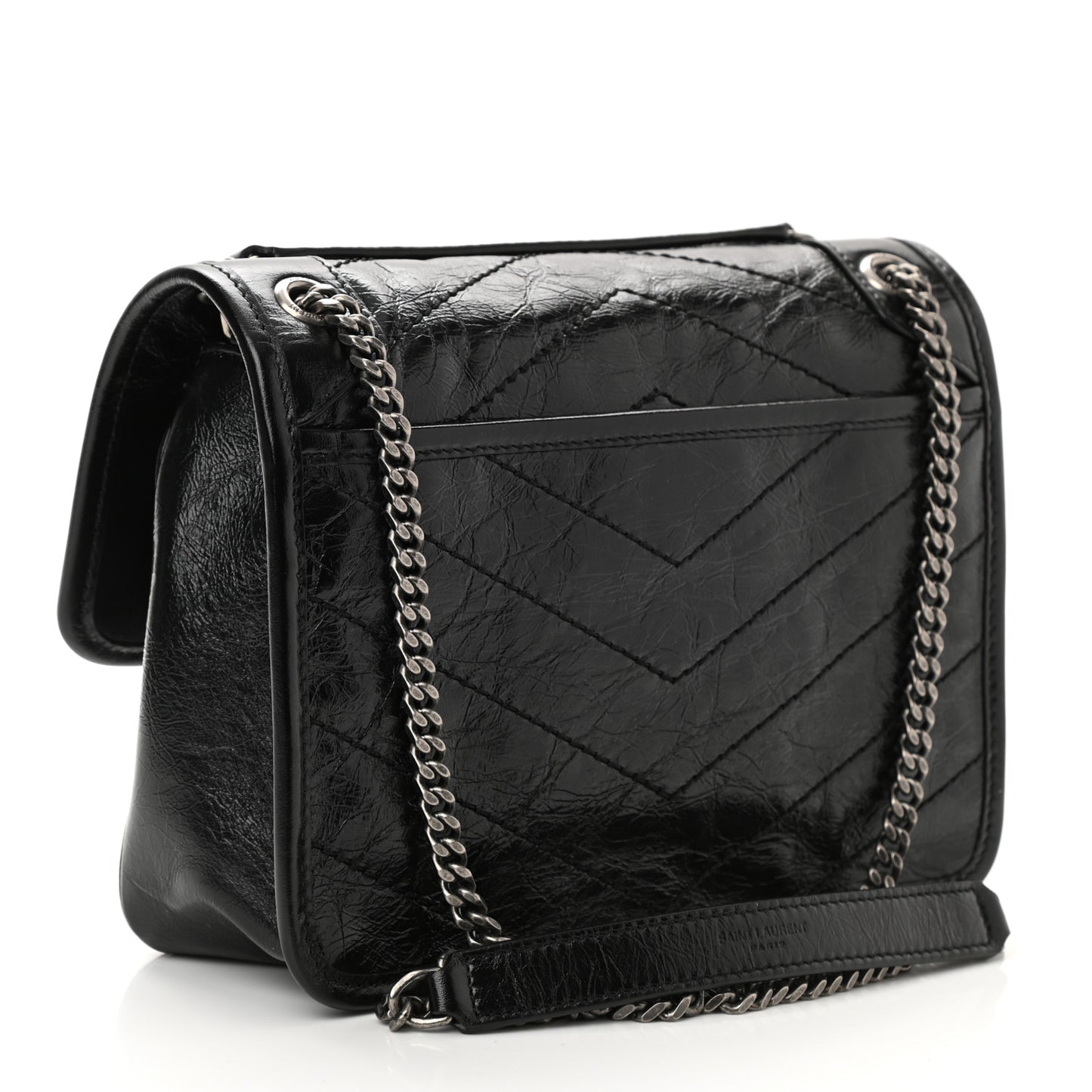 Crinkled Lambskin Matelasse Monogram Baby Niki Chain Satchel Black