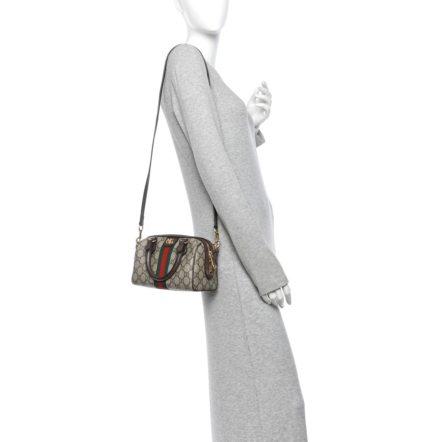 GG Supreme Monogram Textured Dollar Calfskin Web Mini Ophidia Top Handle Bag Beige Ebony New Acero
