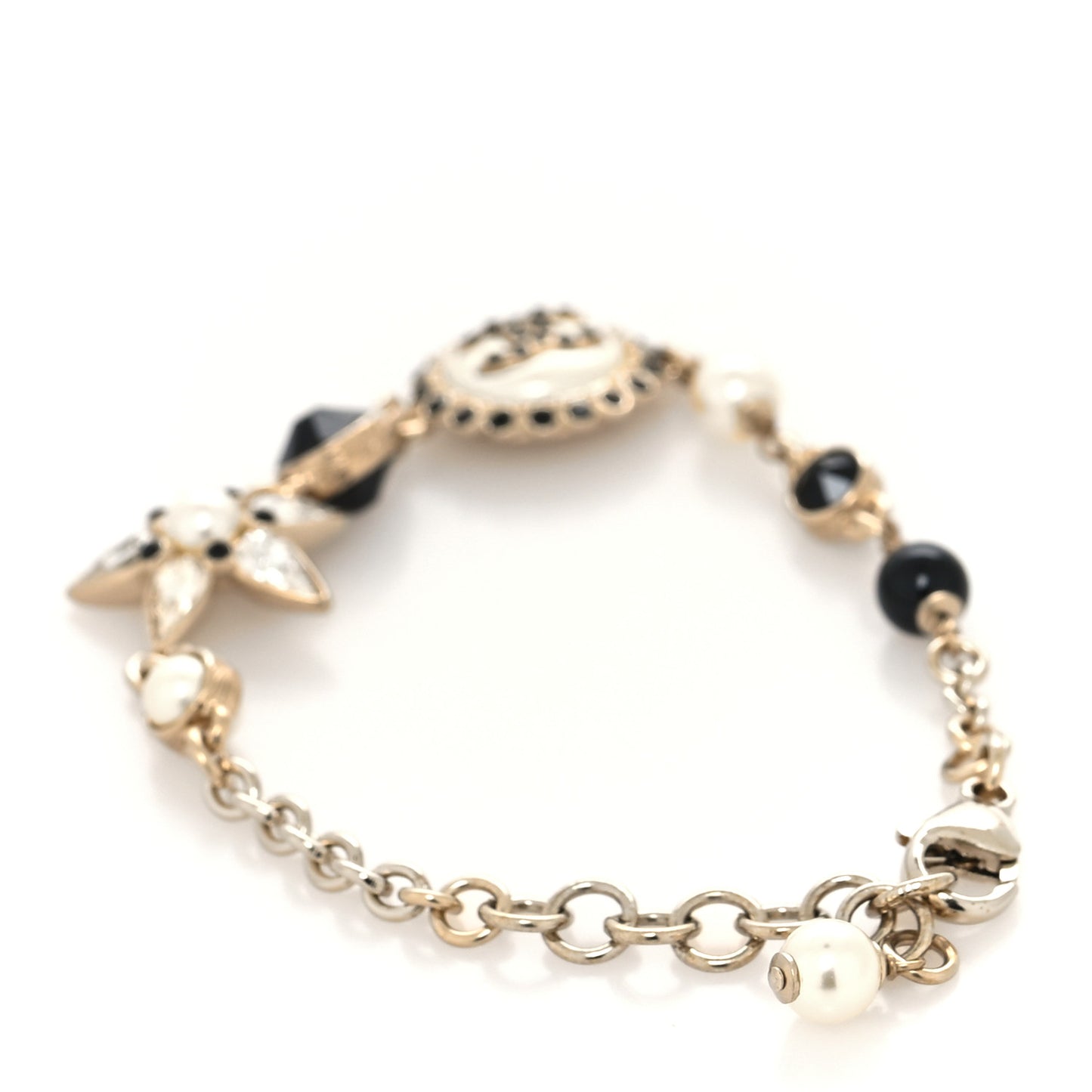 Pearl Crystal CC Charm Bracelet Black Gold