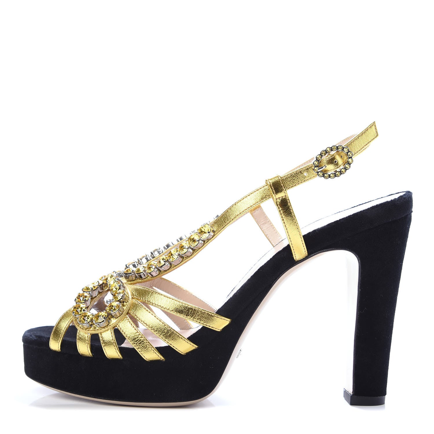 Gucci Velvet Nappa Crystal Zephyra Slingback Platform High Heel Sandals 38 Black Gold 1 of 11