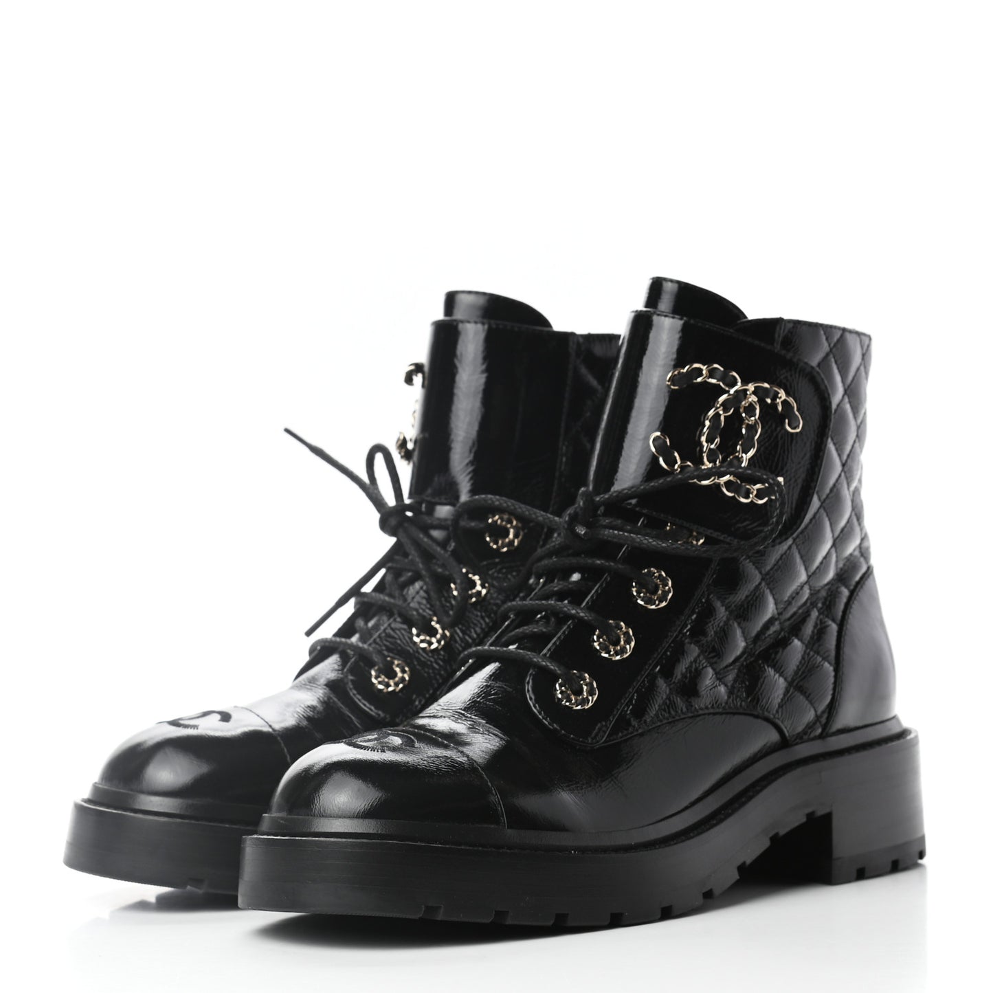 Shiny Calfskin Quilted Lace Up Combat Boots 37.5 Black