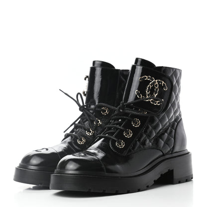 Chanel Shiny Calfskin Quilted Lace Up Combat Boots 37.5 Black 3 of 9