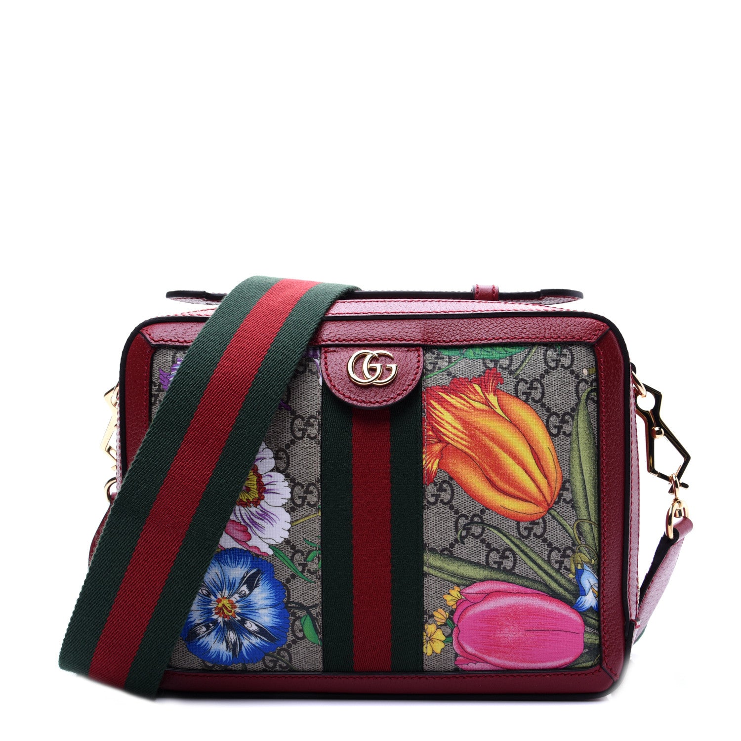 Gucci GG Supreme Monogram Flora Web Small Ophidia Top Handle Shoulder Bag Hibiscus Red 1 of 15