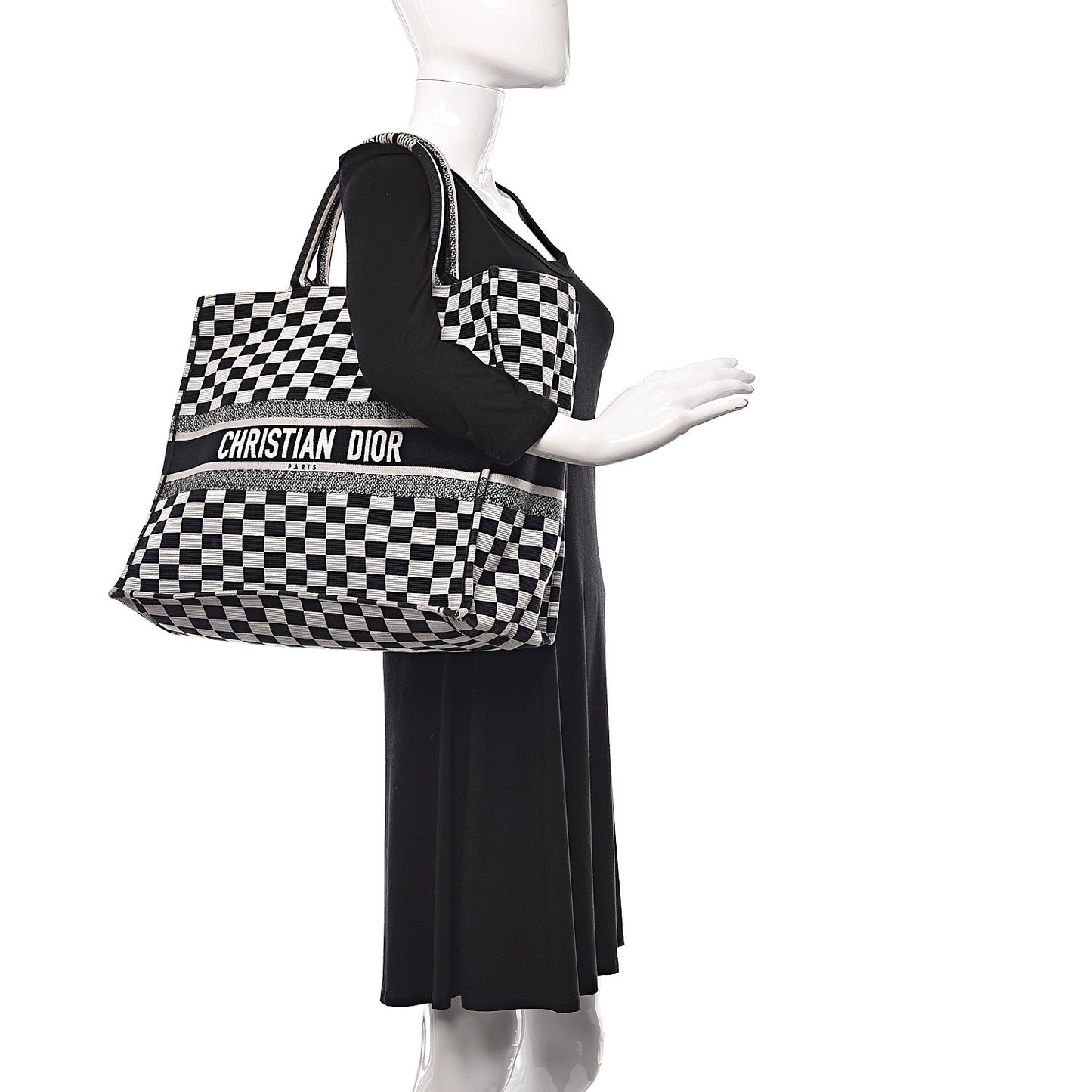 Canvas Embroidered Checkered Book Tote Black White