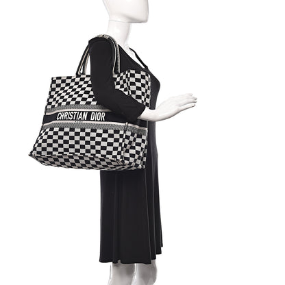 Christian Dior Canvas Embroidered Checkered Book Tote Black White 2 of 12