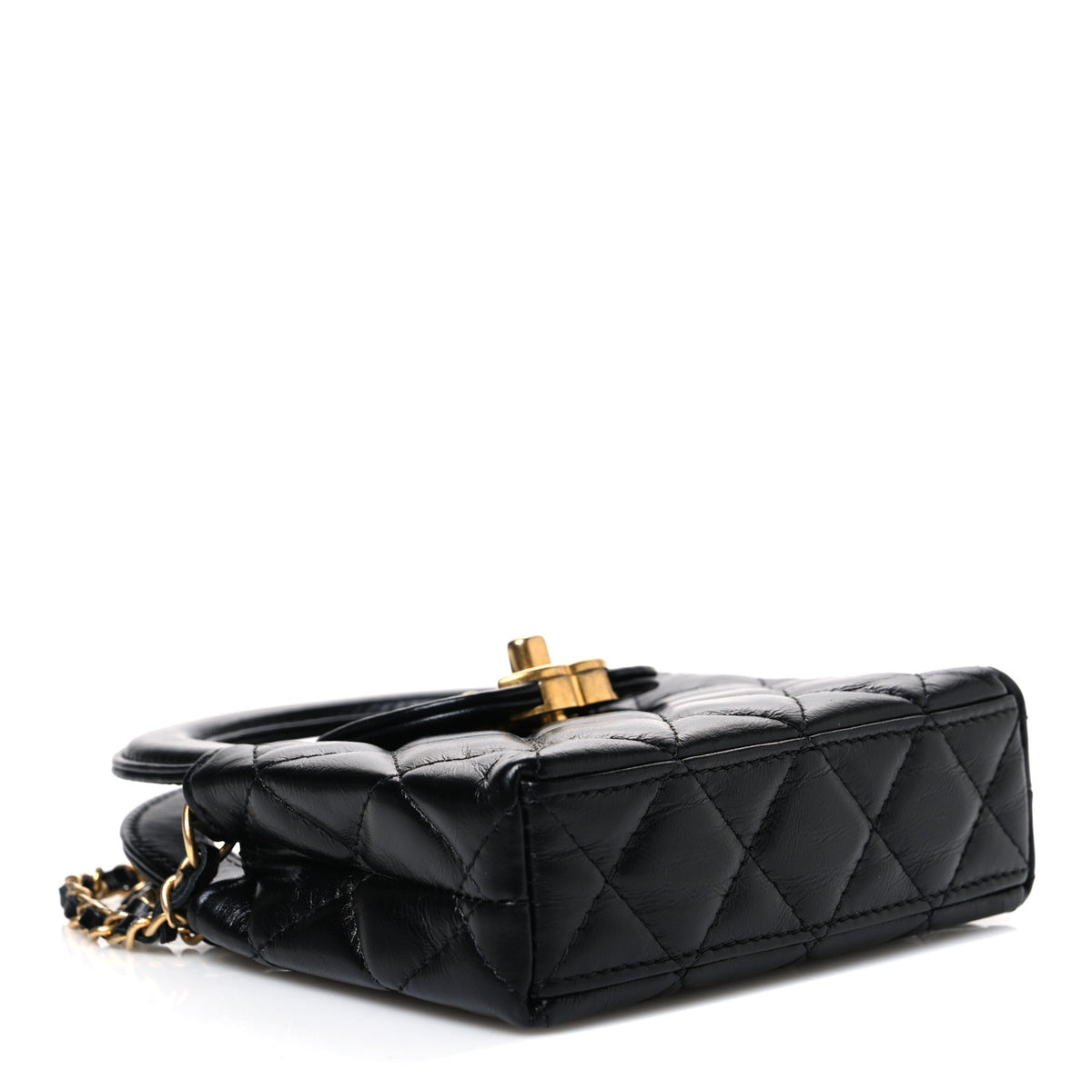 Shiny Aged Calfskin Quilted Mini Nano Kelly Shopper Black