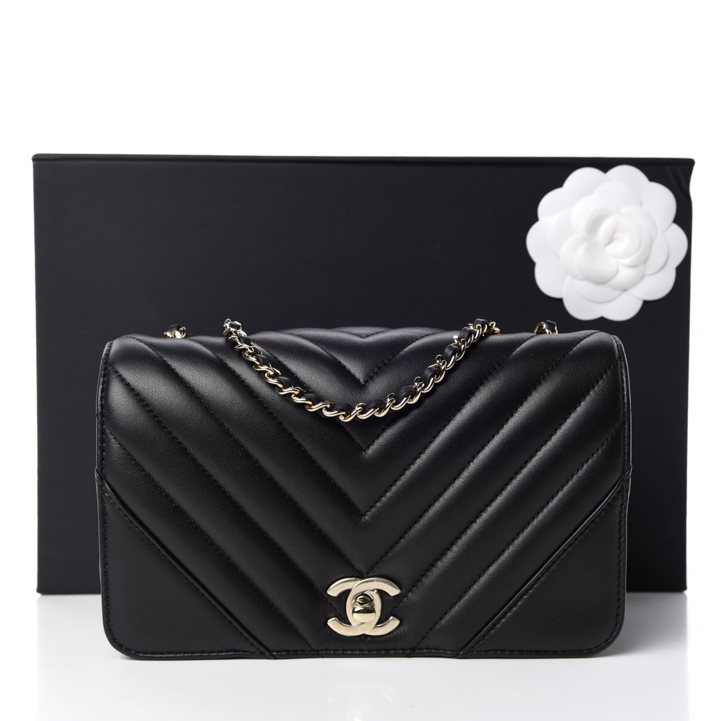 Calfskin Chevron Quilted Mini Statement Flap Black
