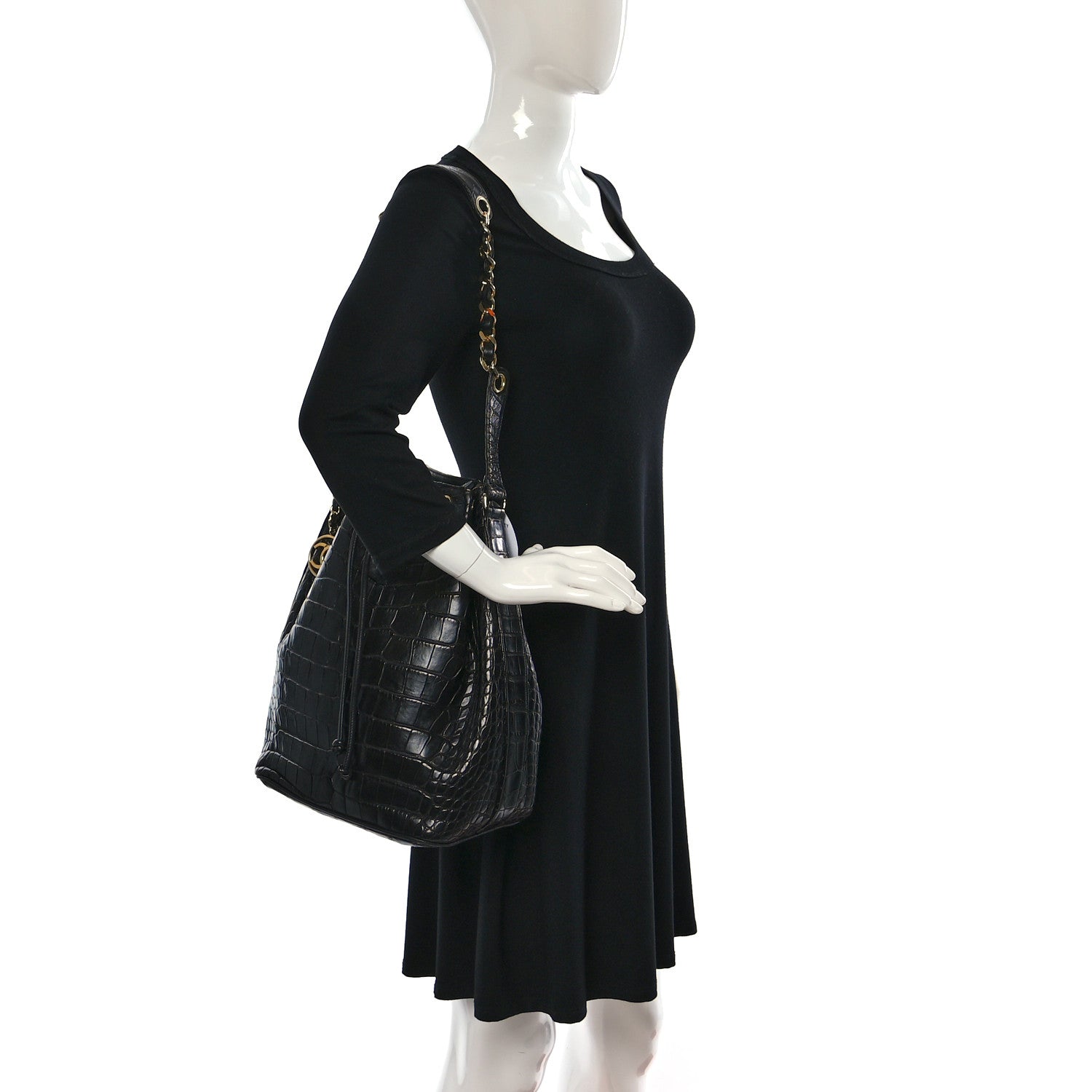 Chanel Alligator Drawstring Bucket Bag Black 2 of 9