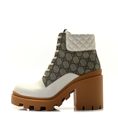 Gucci Calfskin GG Supreme Monogram Nappa Quilted Lace Up Ankle Boots 39 Mystic White Beige 1 of 11