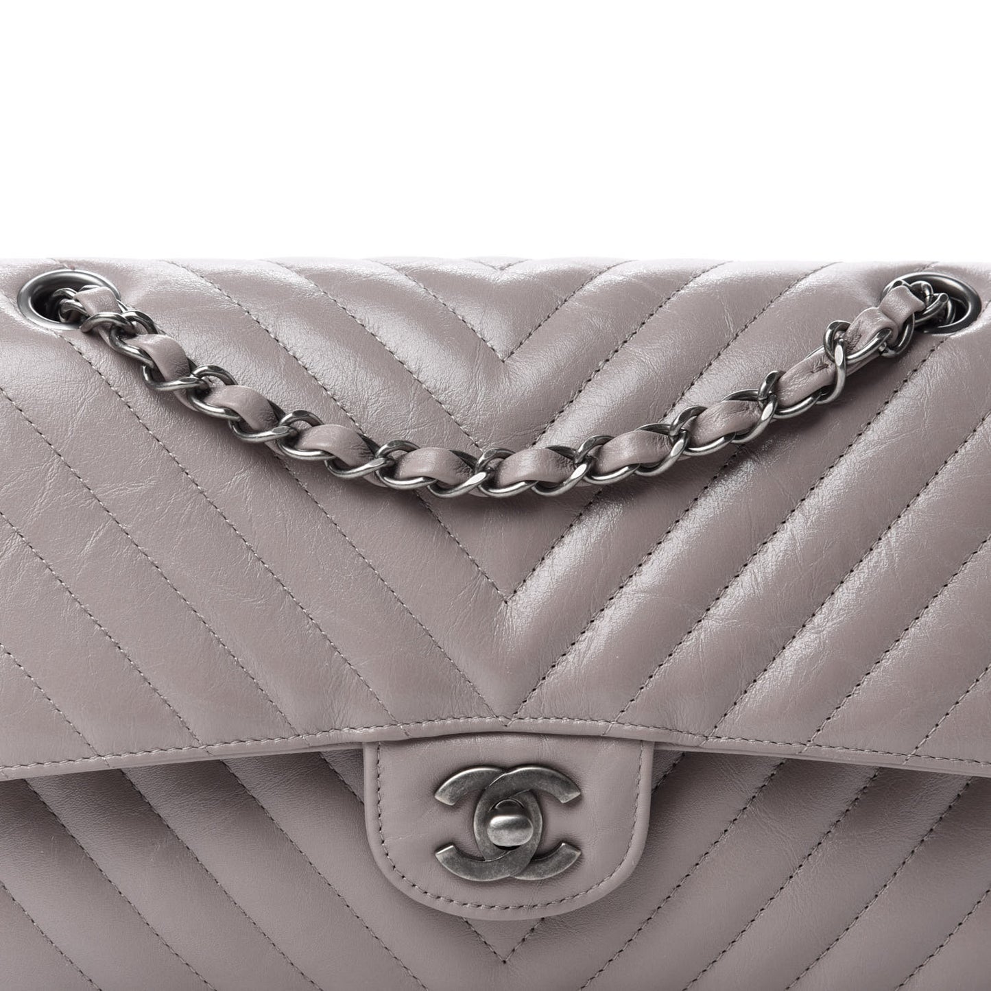 Iridescent Calfskin Chevron Quilted Medium Double Flap Grey