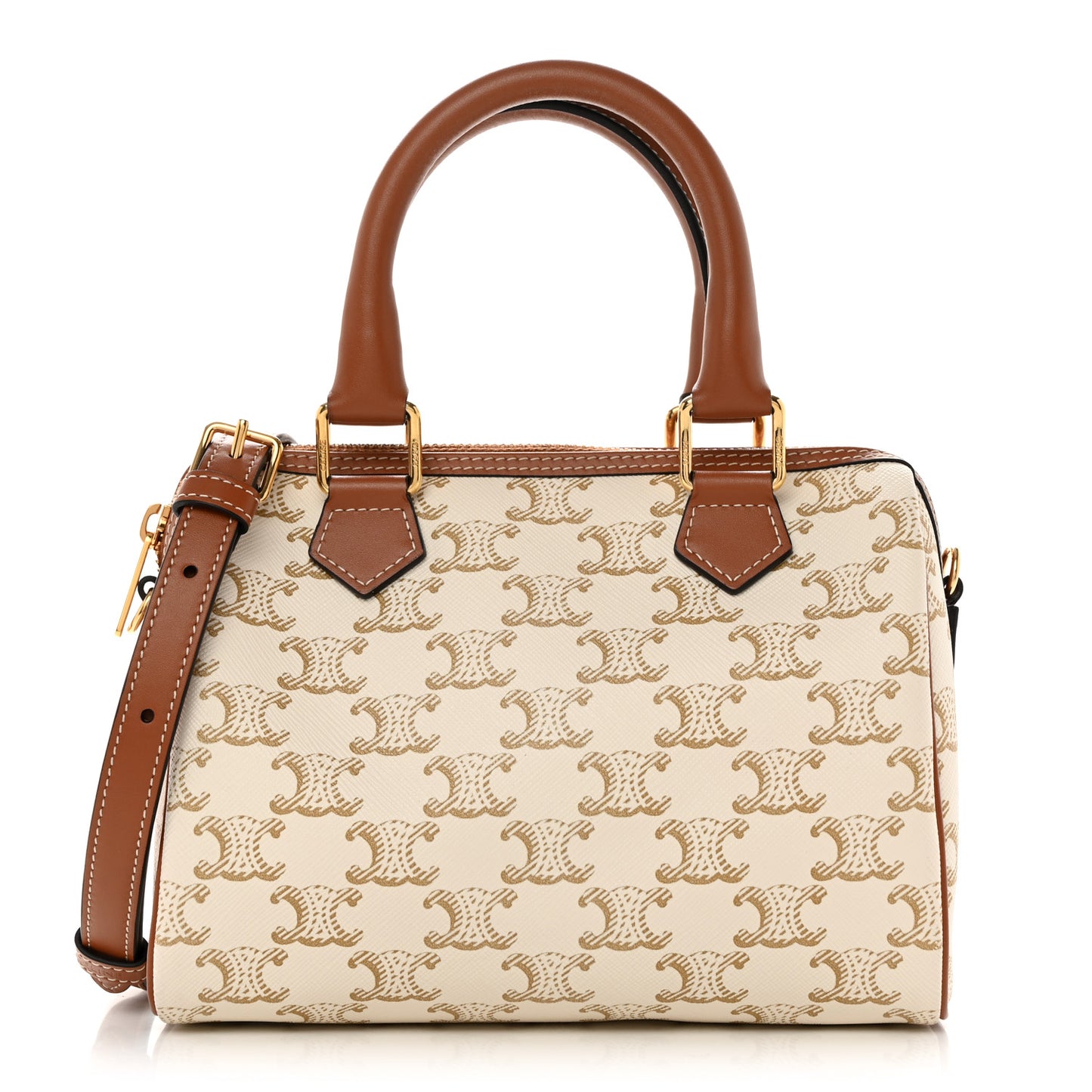 Triomphe Canvas Calfskin Small Boston Bag White