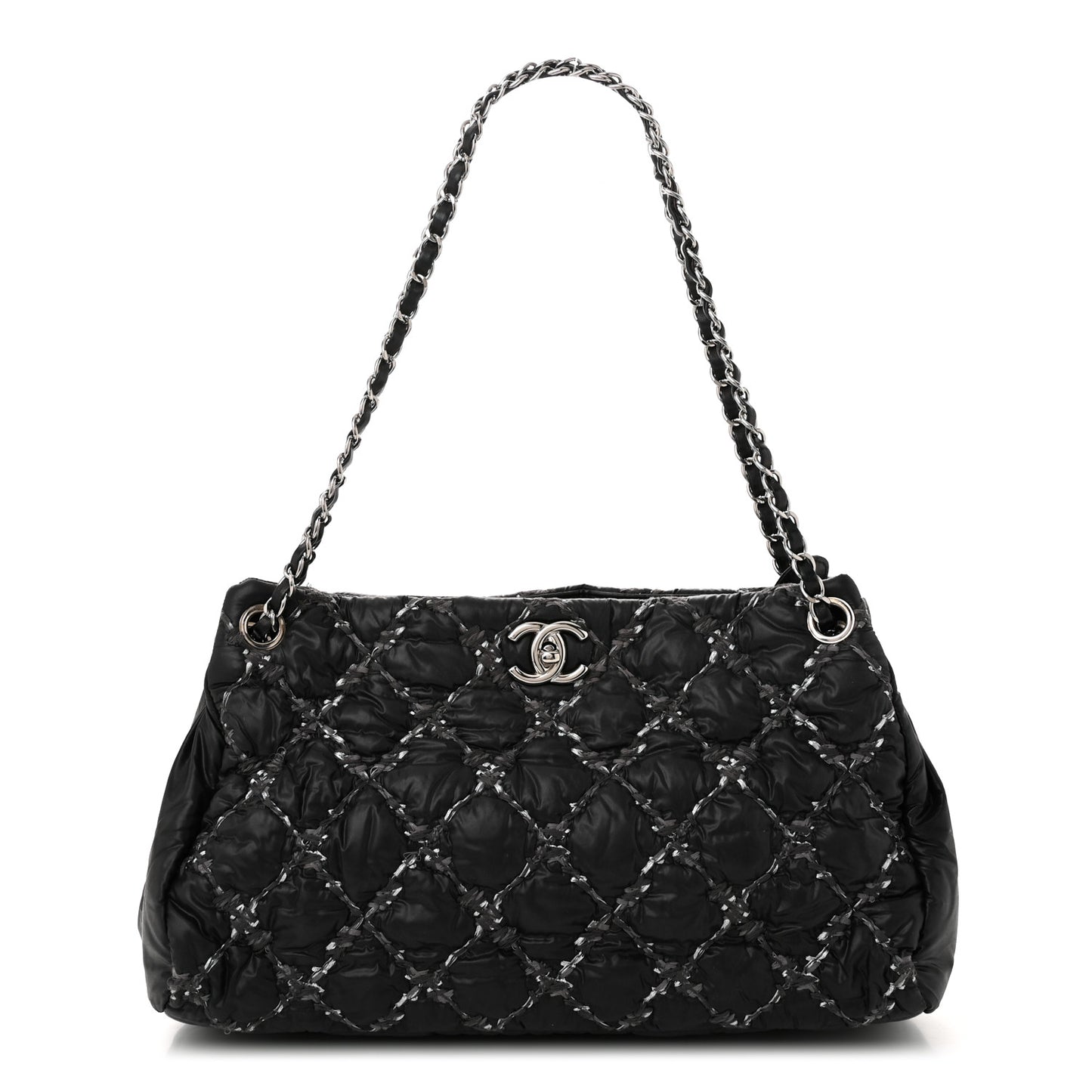 Nylon Quilted Tweed Stitch Bubble Tote Black