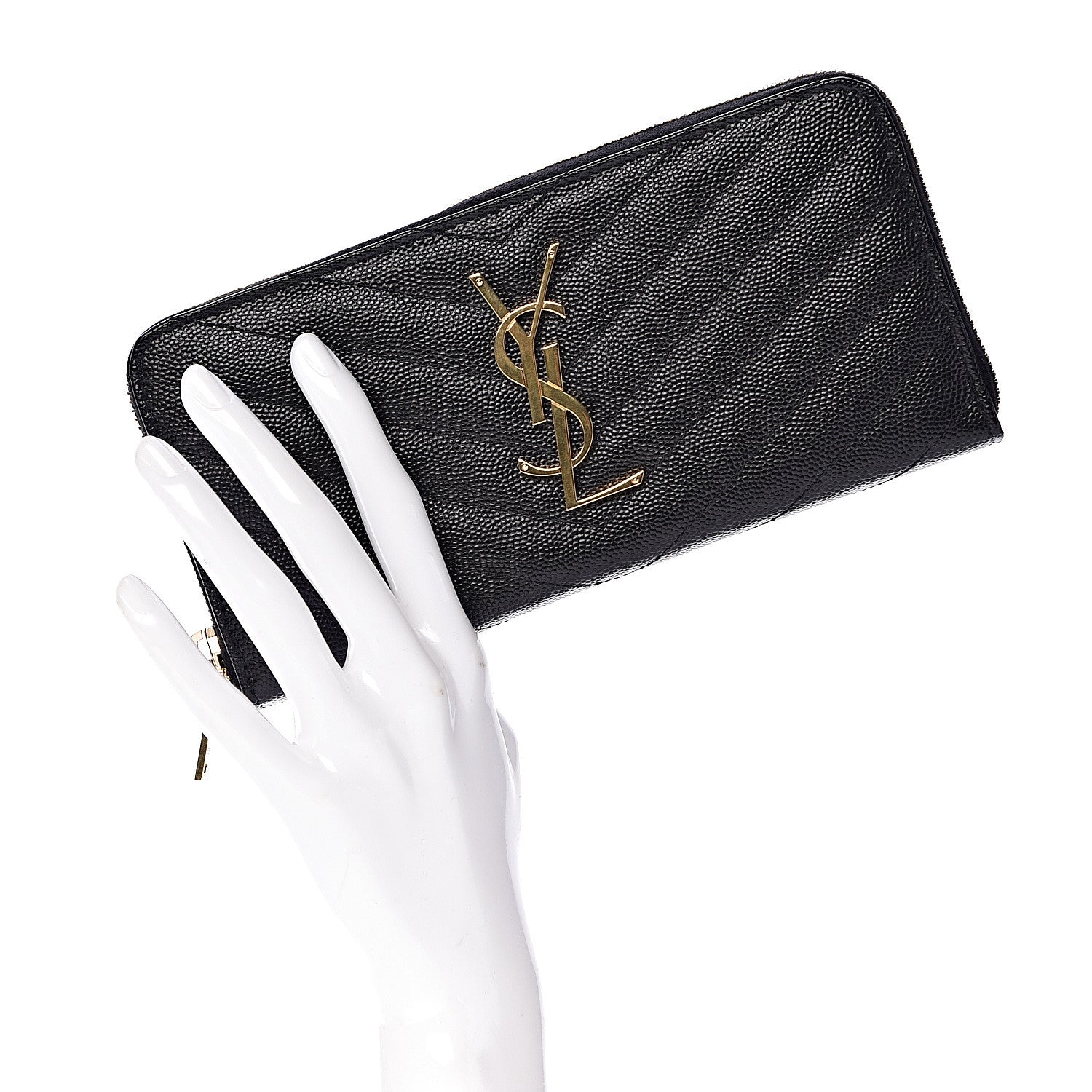 Saint Laurent Grain De Poudre Matelasse Chevron Monogram Zip Around Wallet Black 2 of 9