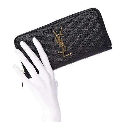 Saint Laurent Grain De Poudre Matelasse Chevron Monogram Zip Around Wallet Black 2 of 9