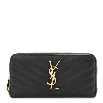 Saint Laurent Grain De Poudre Matelasse Chevron Monogram Zip Around Wallet Black 1 of 7