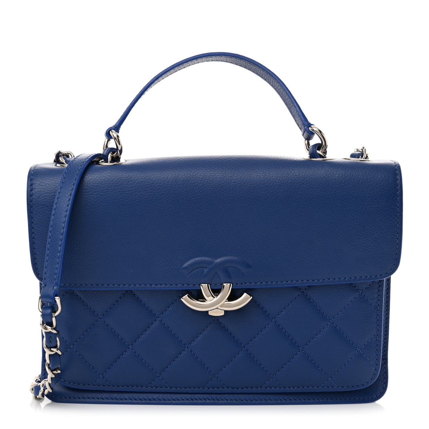 Grained Calfskin Quilted Large CC Box Flap Blue