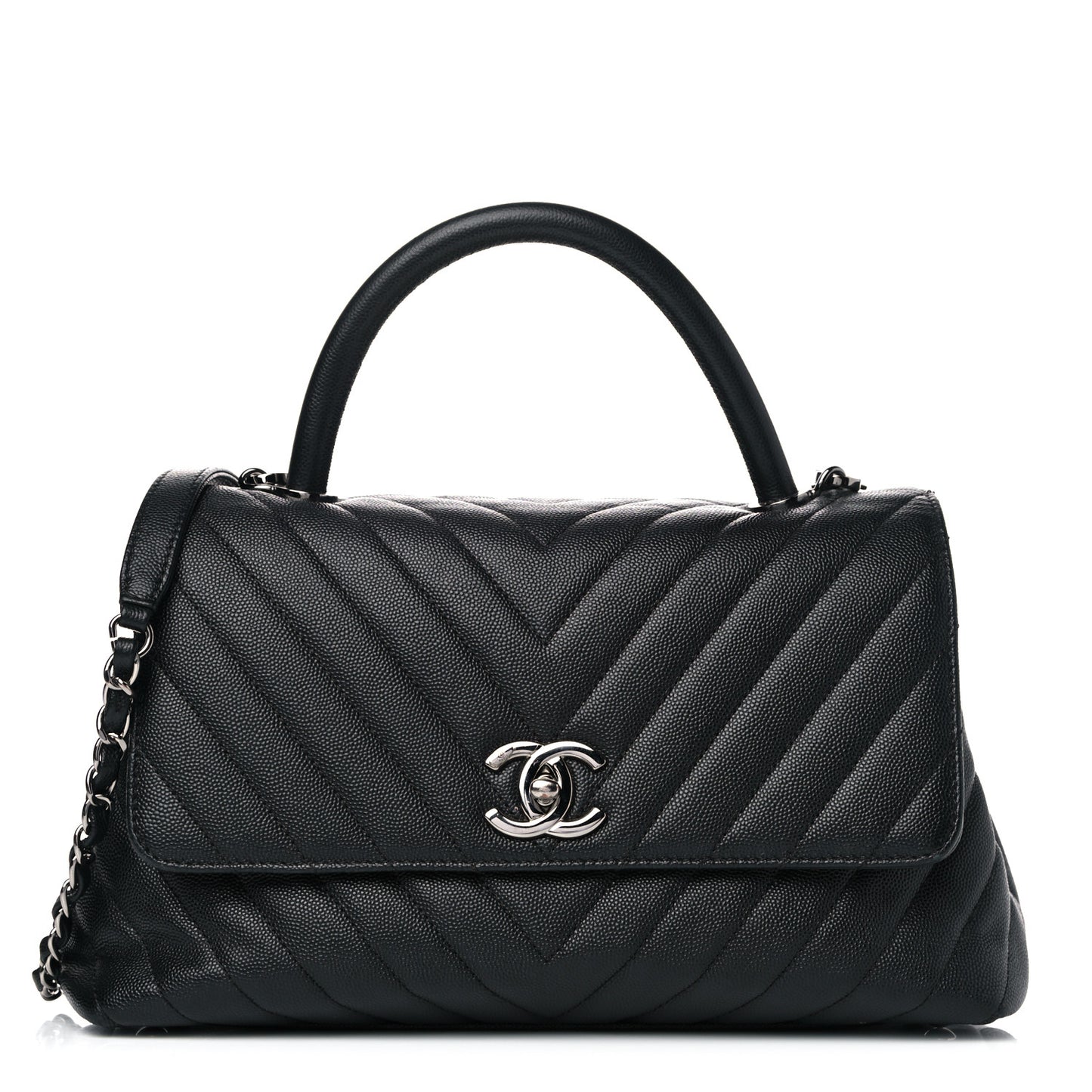 Caviar Chevron Quilted Small Coco Handle Flap Black