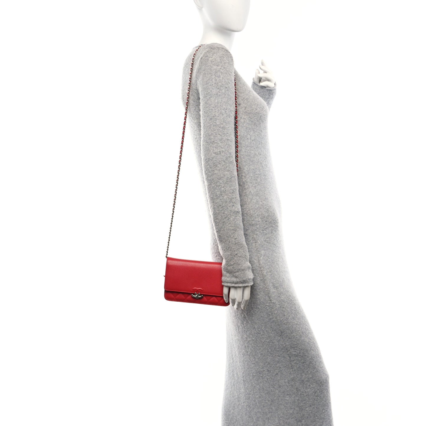 Grained Calfskin Quilted CC Box Wallet On Chain WOC Red