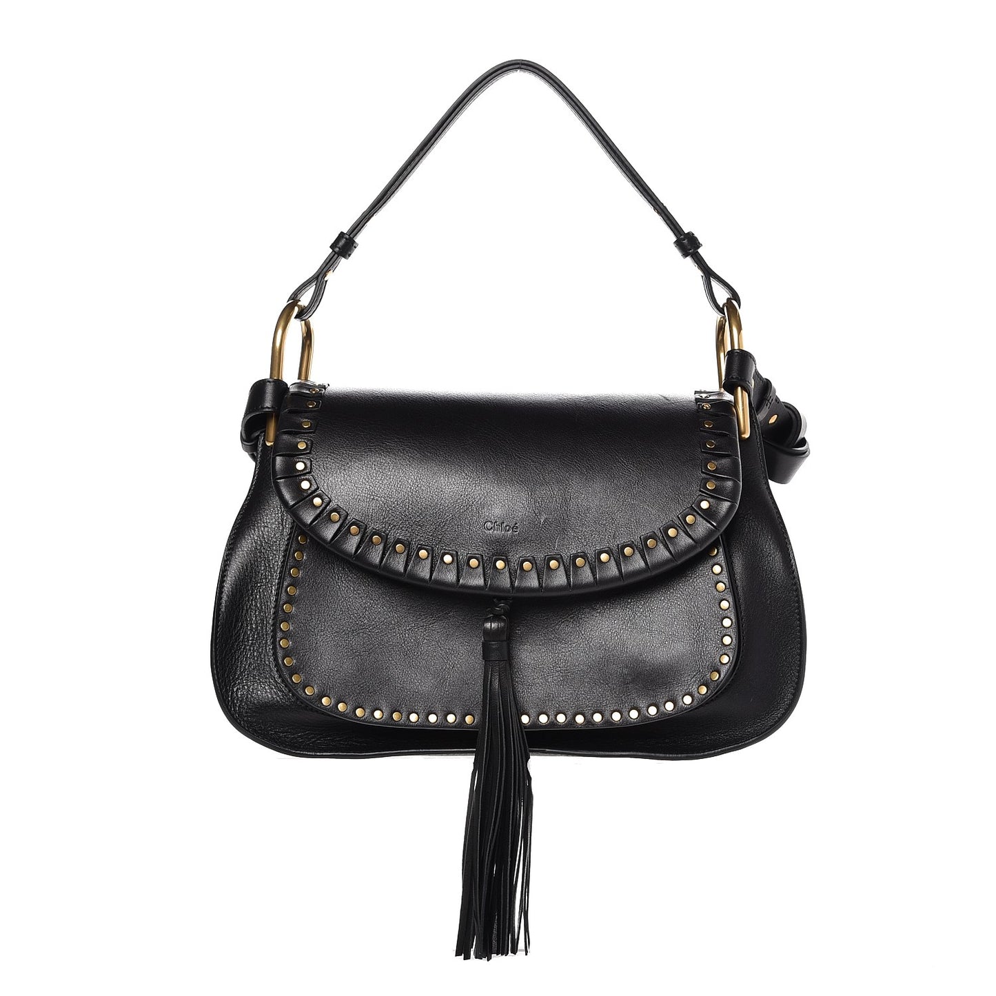 Calfskin Studded Medium Hudson Double Carry Shoulder Bag Black