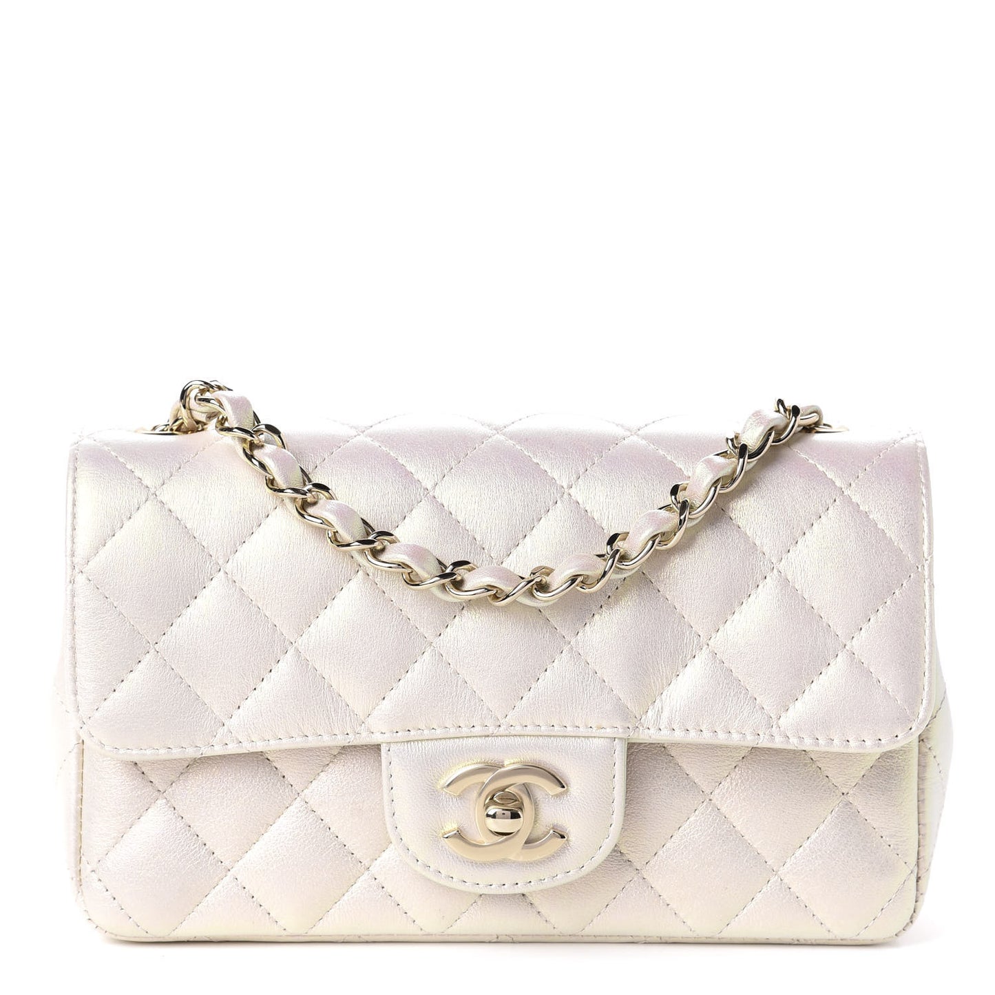 Iridescent Lambskin Quilted Mini Rectangular Flap Ivory
