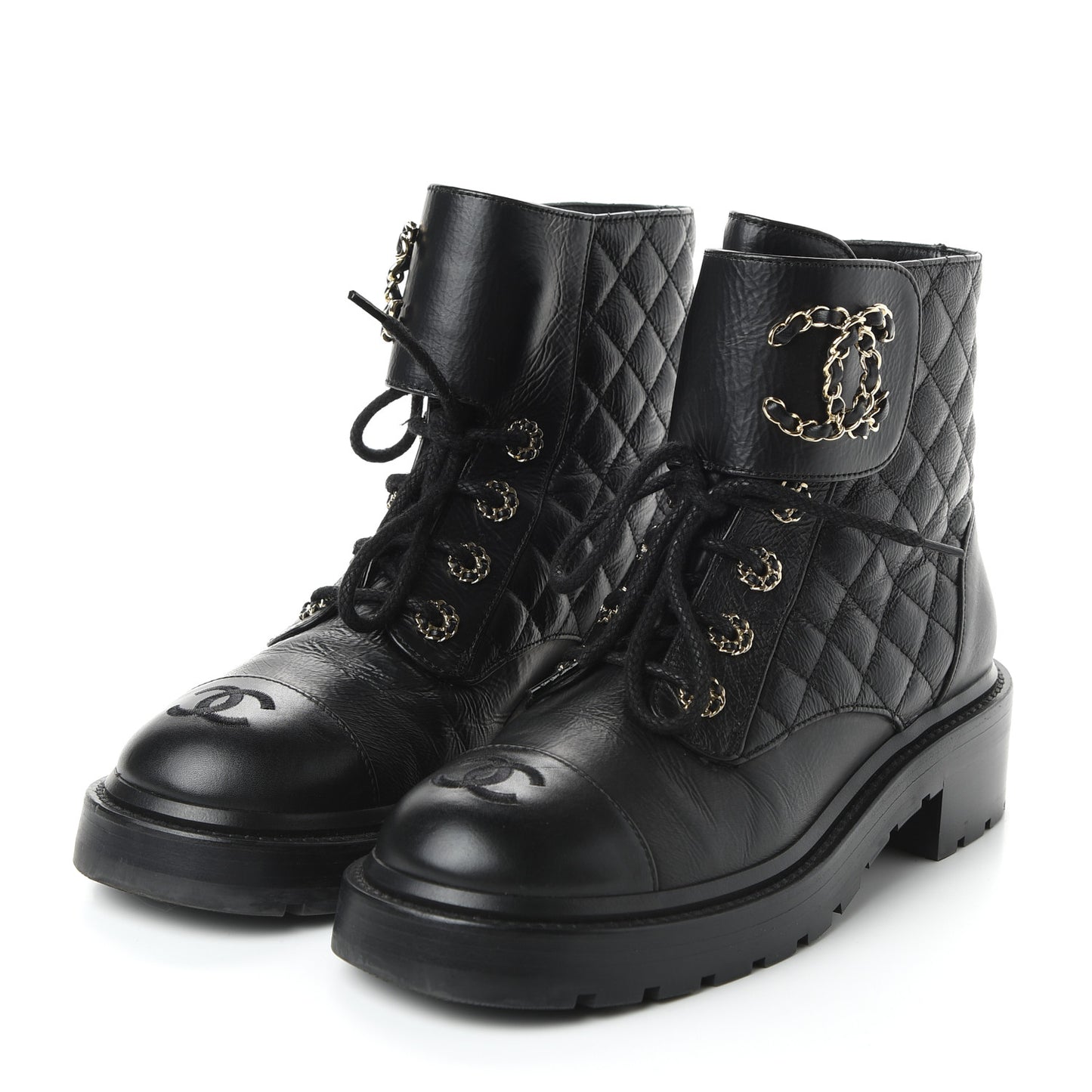 Shiny Goatskin Calfskin Quilted Lace Up Combat Boots 38 Black